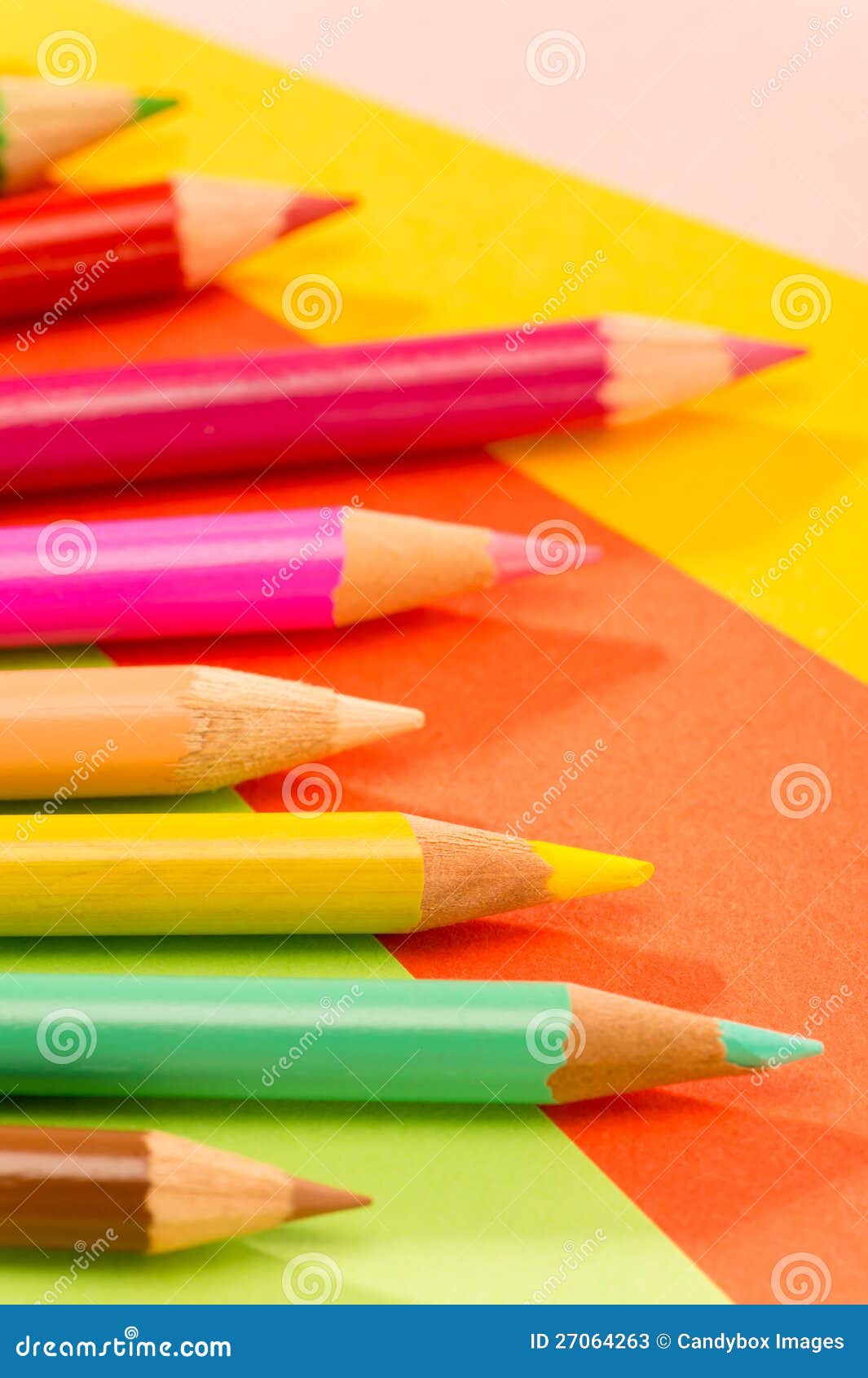 Color Pencils on Colorful Papers Closeup Stock Image Image of