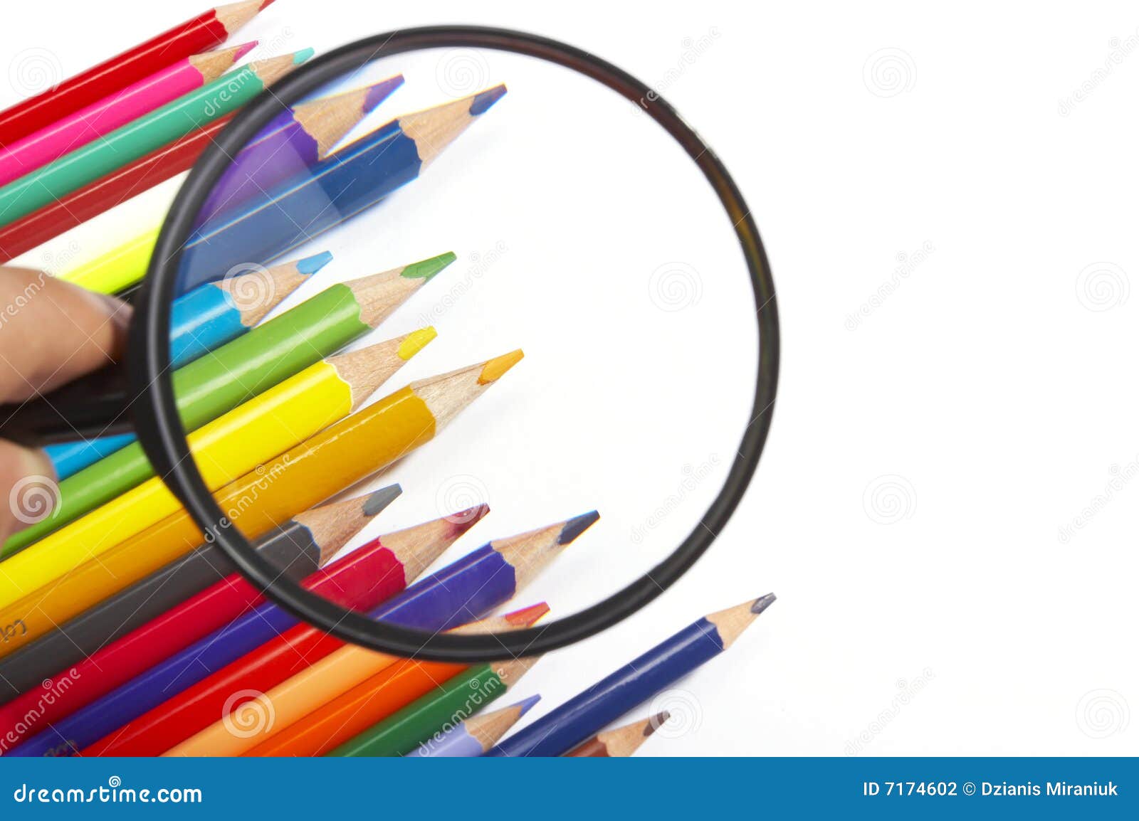 Color pencils, magnifier stock photo. Image of graphic 7174602
