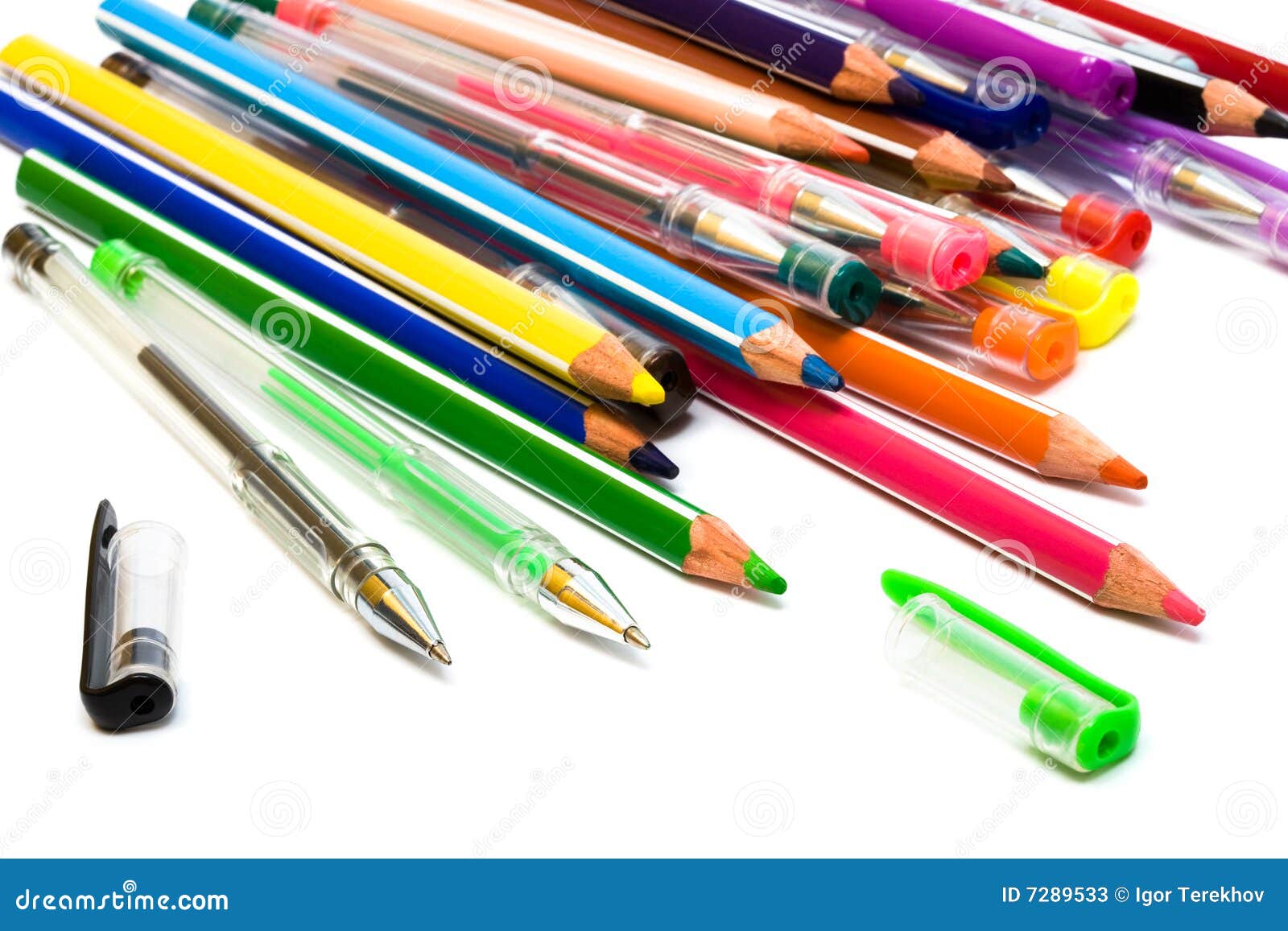 Color pencils and pens stock image. Image of business 7289533
