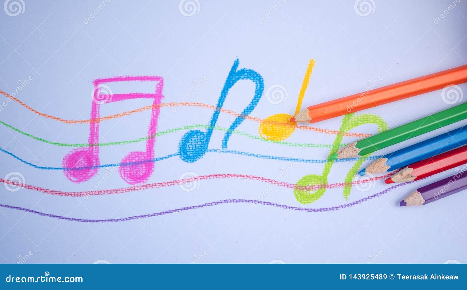 Color Pencils Place on White Paper Background with Music Note Drawing.  Education Concept Stock Image - Image of abstract, desk: 143925489