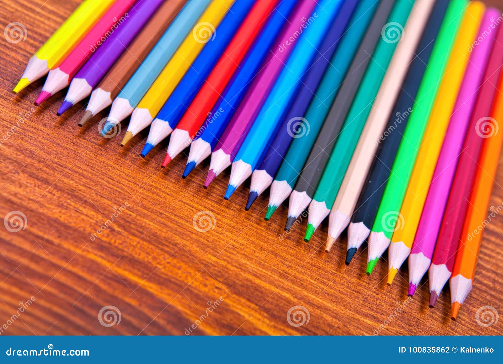 Color Pencils on Wooden Table Background. Stock Photo - Image of pink