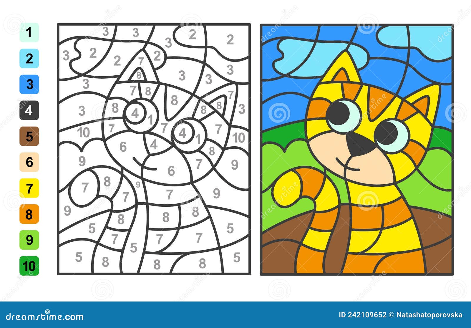 Color Por Animal Gato. Juego De Rompecabezas Para Colores Educativos Para Y Aprender Matemáticas Ilustración del Vector - Ilustración de fondo: 242109652