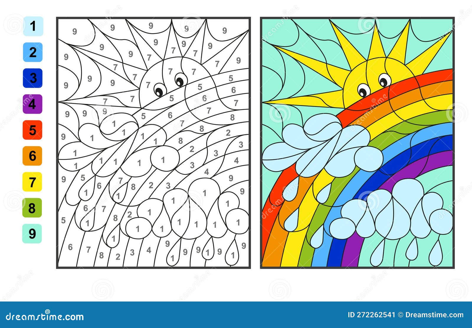 Color Por Números Arco Iris Y Nubes. Juego De Rompecabezas Para Niños  Colores Educativos Para Dibujar Y Aprender Matemáticas Ilustración del  Vector - Ilustración de cubo, actividad: 272262541