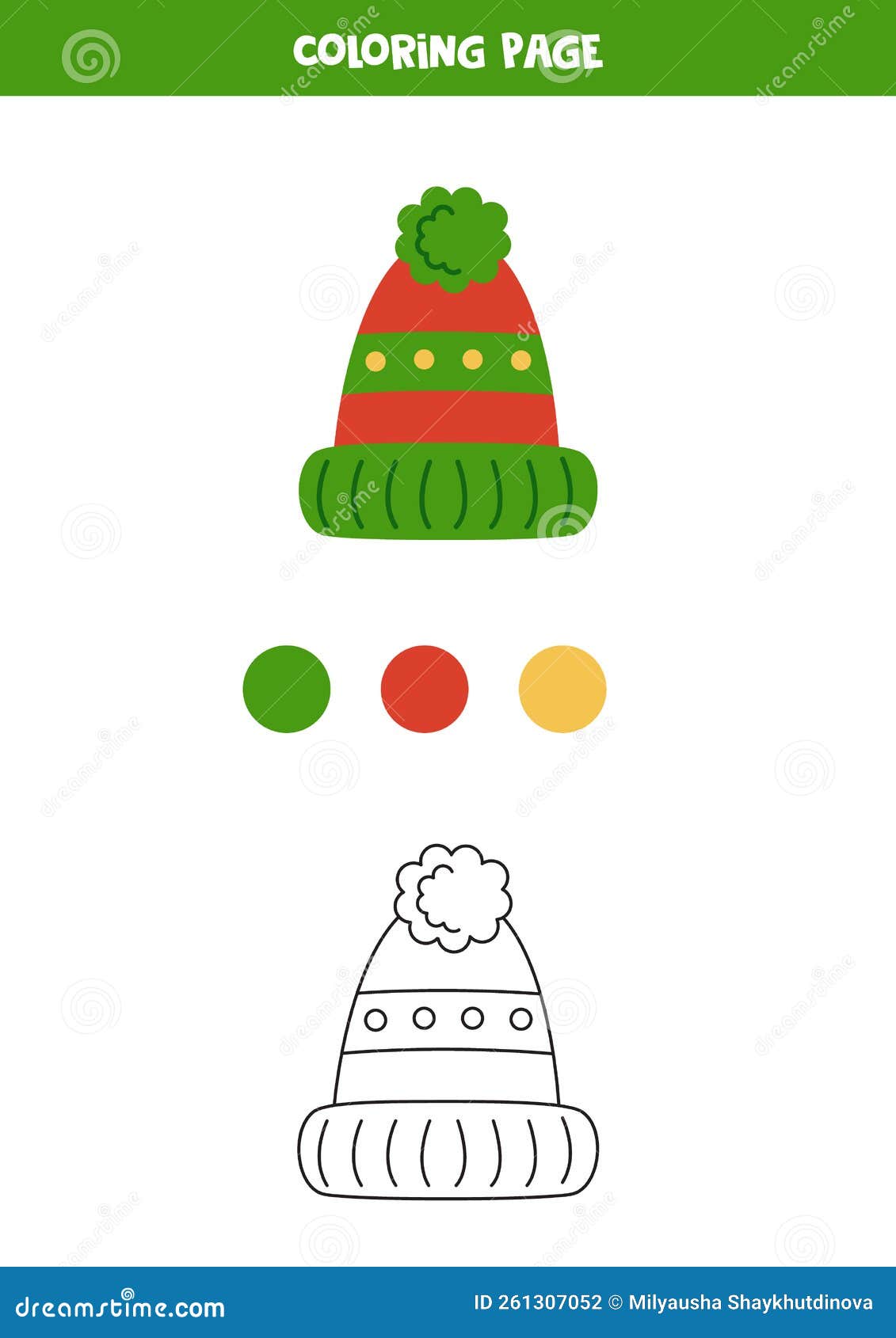 Color Red and Green Winter Hat. Worksheet for Kids Stock Vector