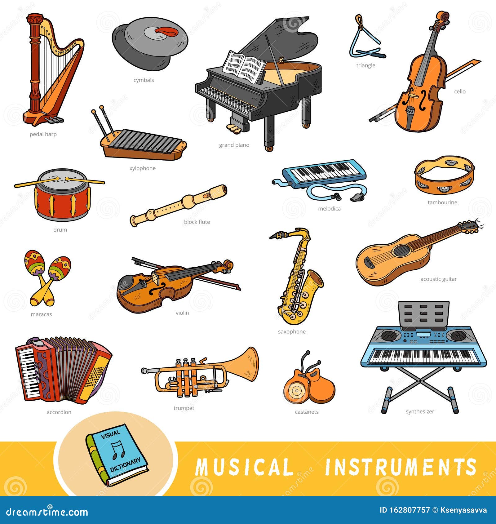 mamífero Sin alterar Enredo Color Set of Musical Instruments, Collection of Vector Items with Names in  English. Cartoon Visual Dictionary Stock Vector - Illustration of color,  grand: 162807757