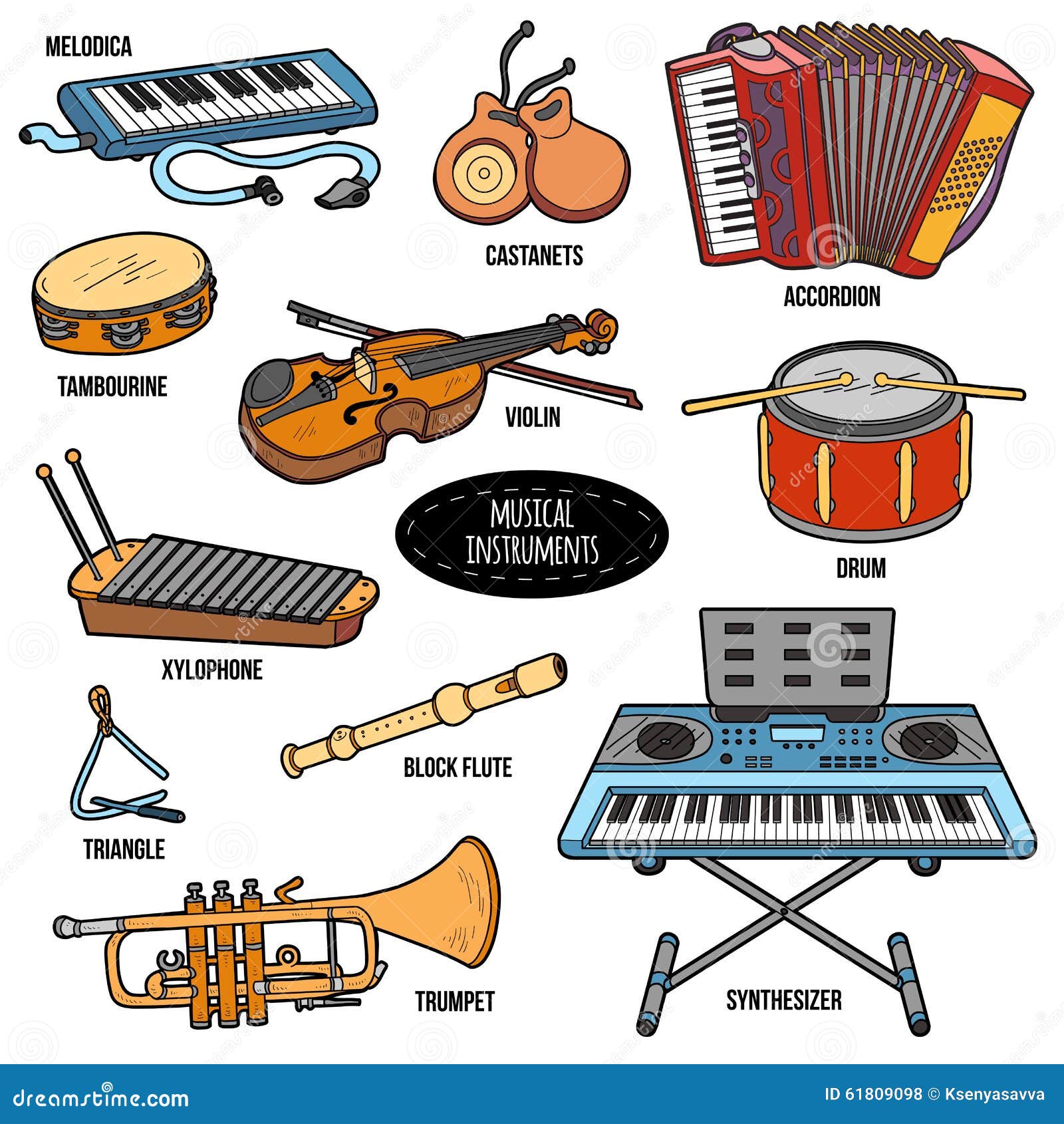 Color Set with Musical Instruments, Vector Cartoon Stickers Stock Vector -  Illustration of color, page: 61809098