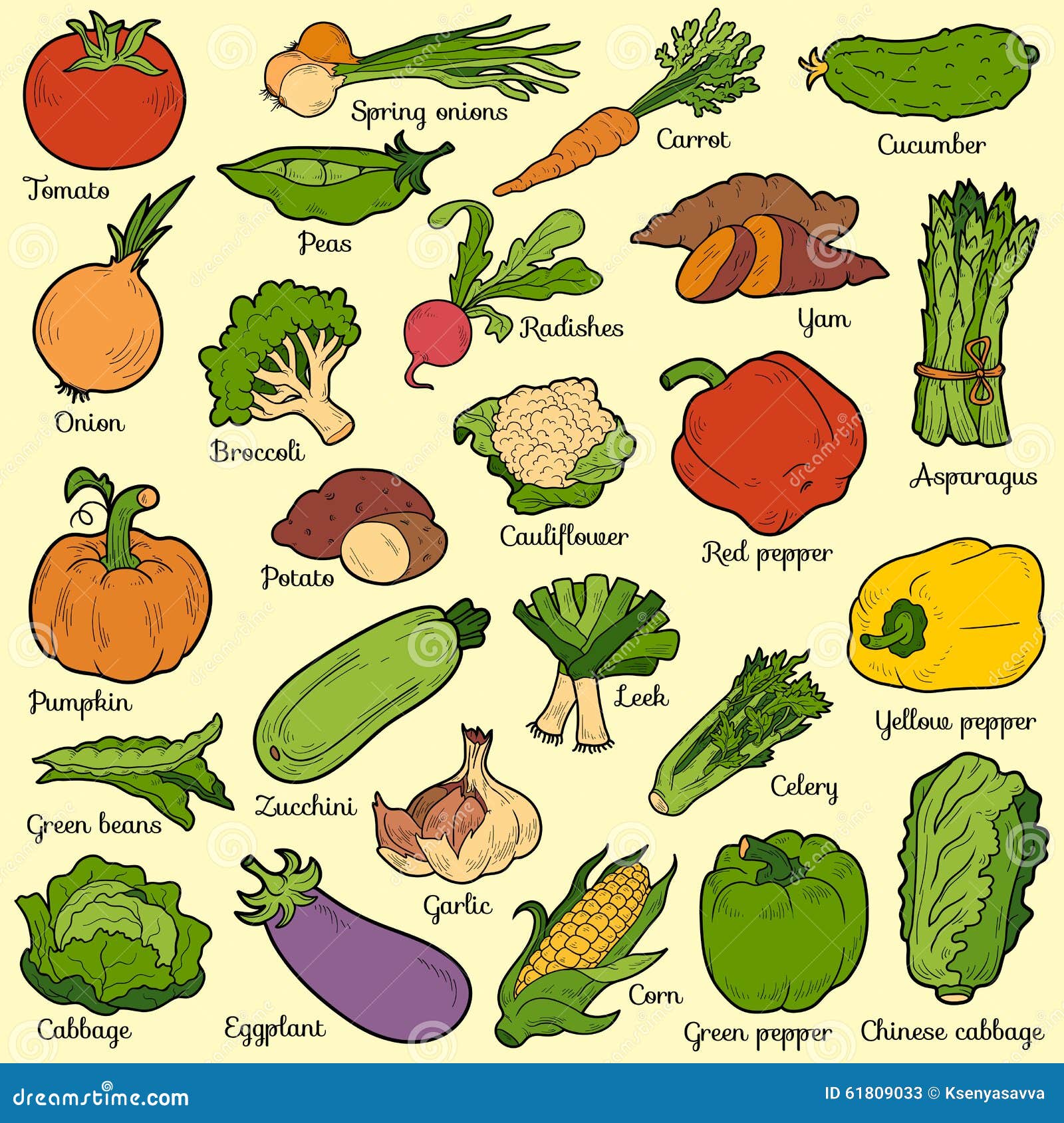 color set with vegetables,  cartoon stickers