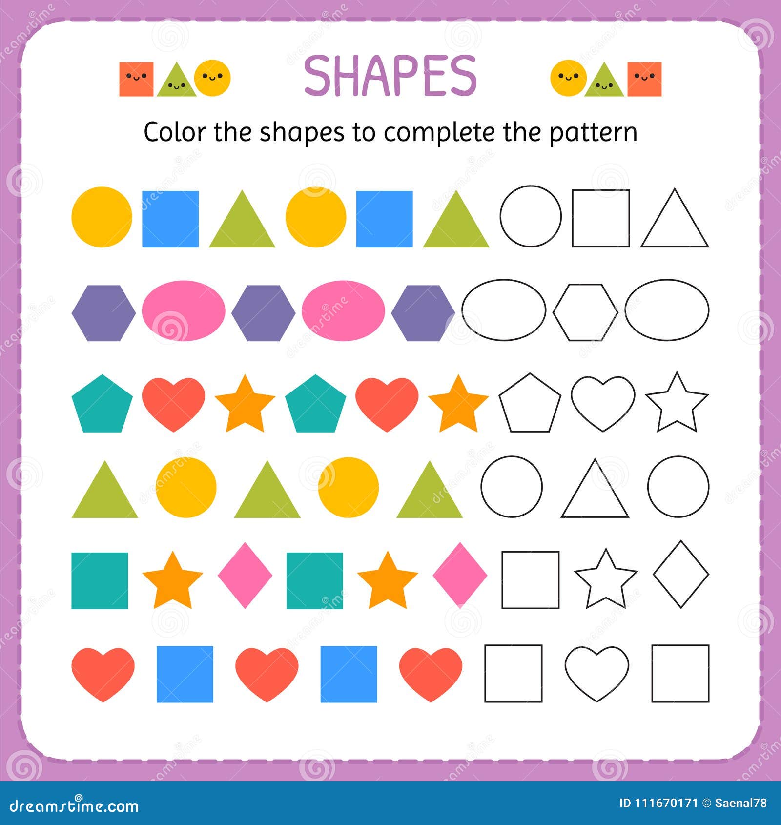 color the shapes to complete the pattern learn shapes and geometric figures preschool or kindergarten worksheet stock vector illustration of practice colorful 111670171