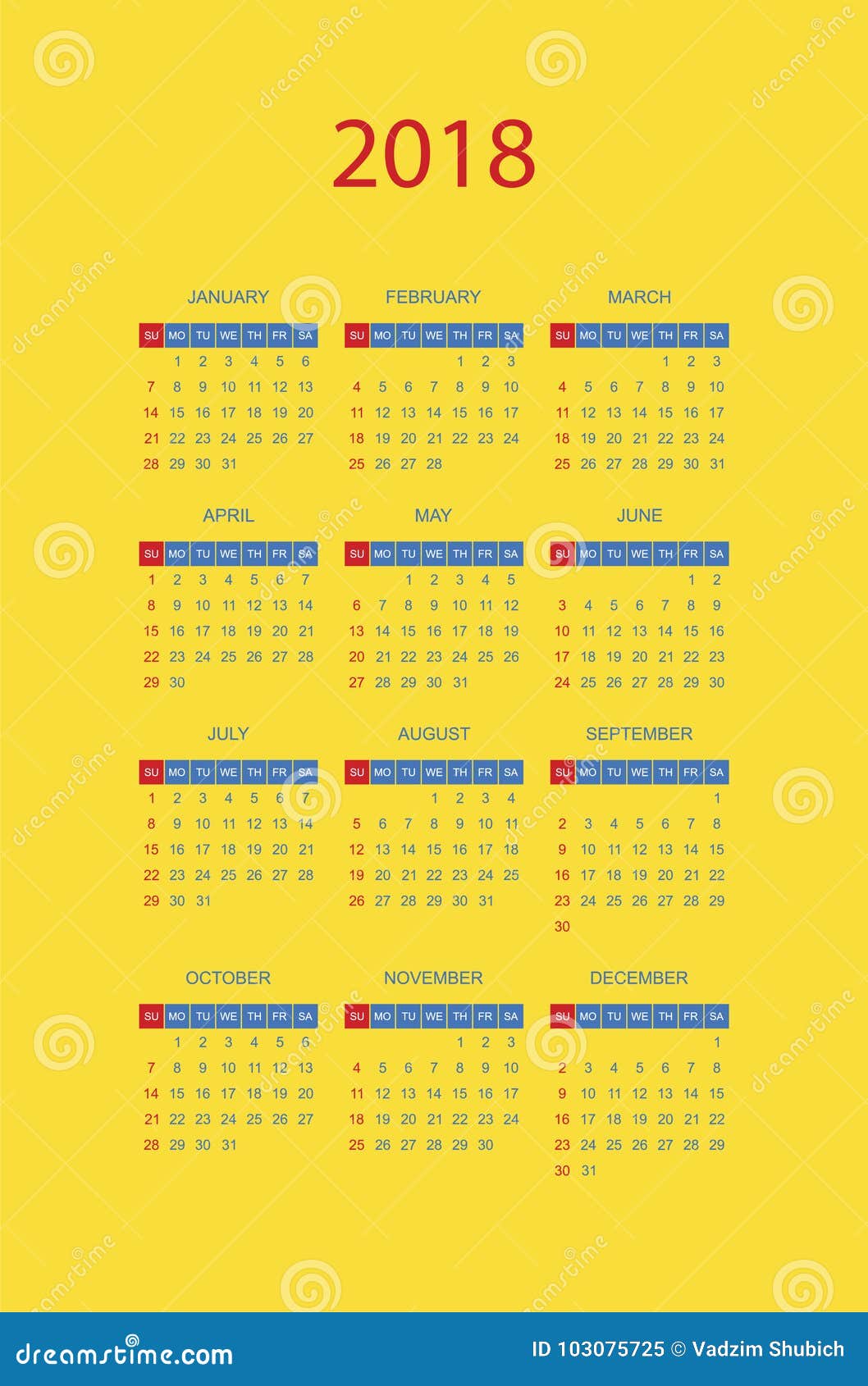 Color Simple Del Amarillo Del Calendario Por 2018 Años La