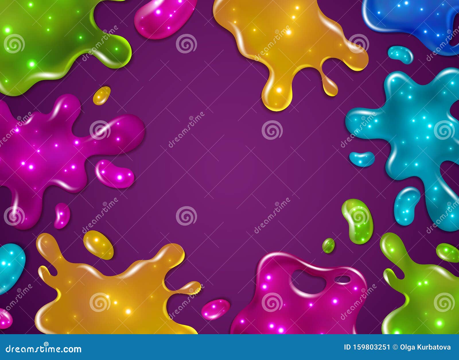 color slime background. glossy sticky yellow, purple, green and blue slime blots splashes with glitter. girly dripping