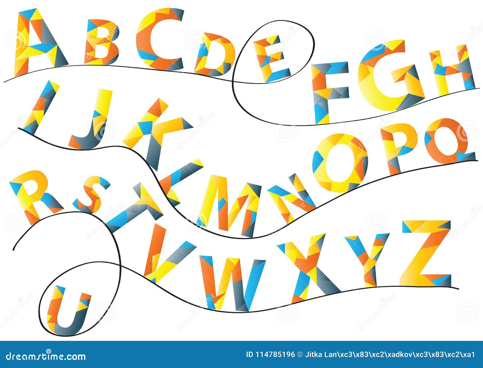 bright  alphabet letters collection on black lines  on white background.
