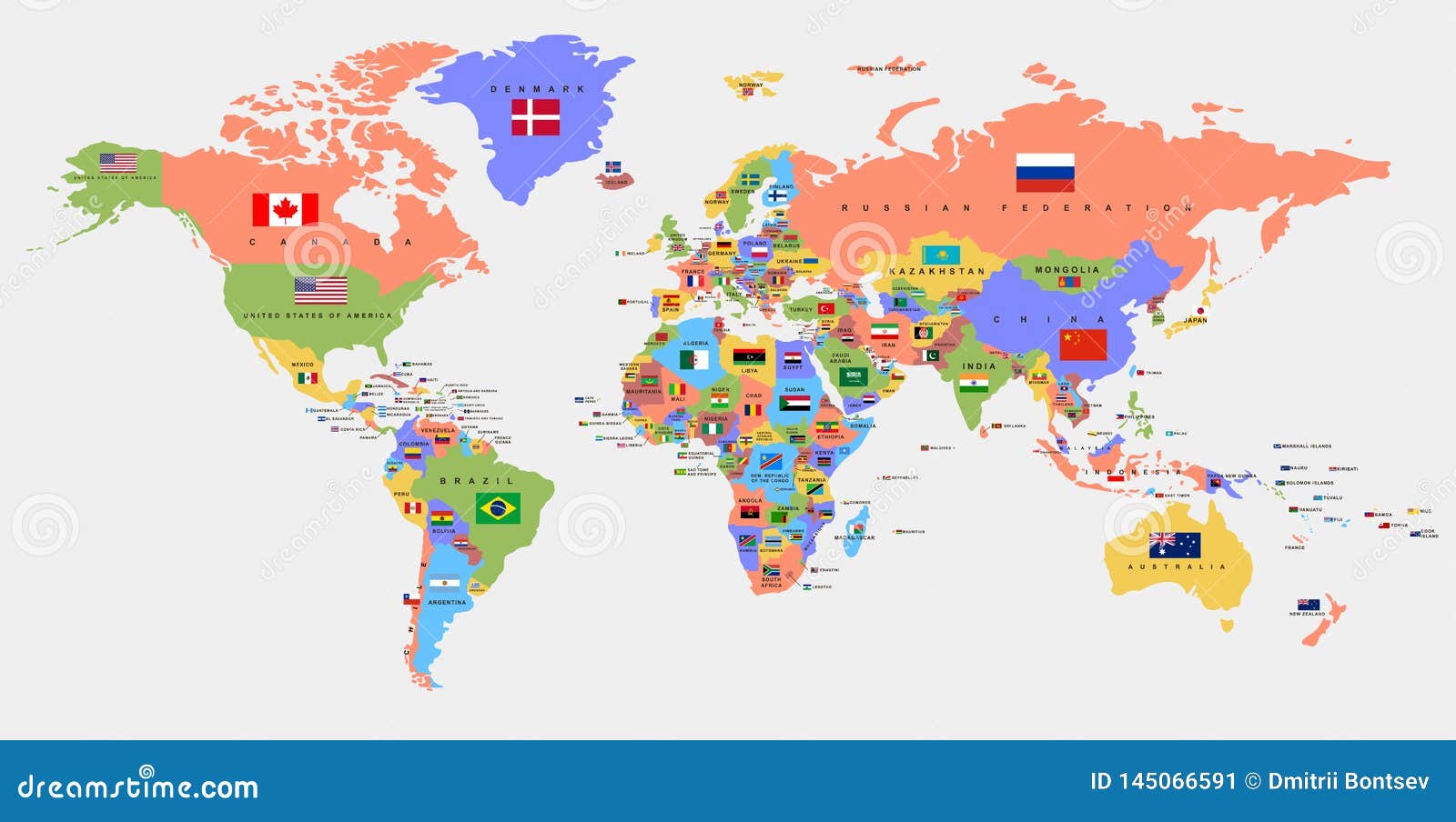 Color World Map with the Names of Countries and Flags. Political ...