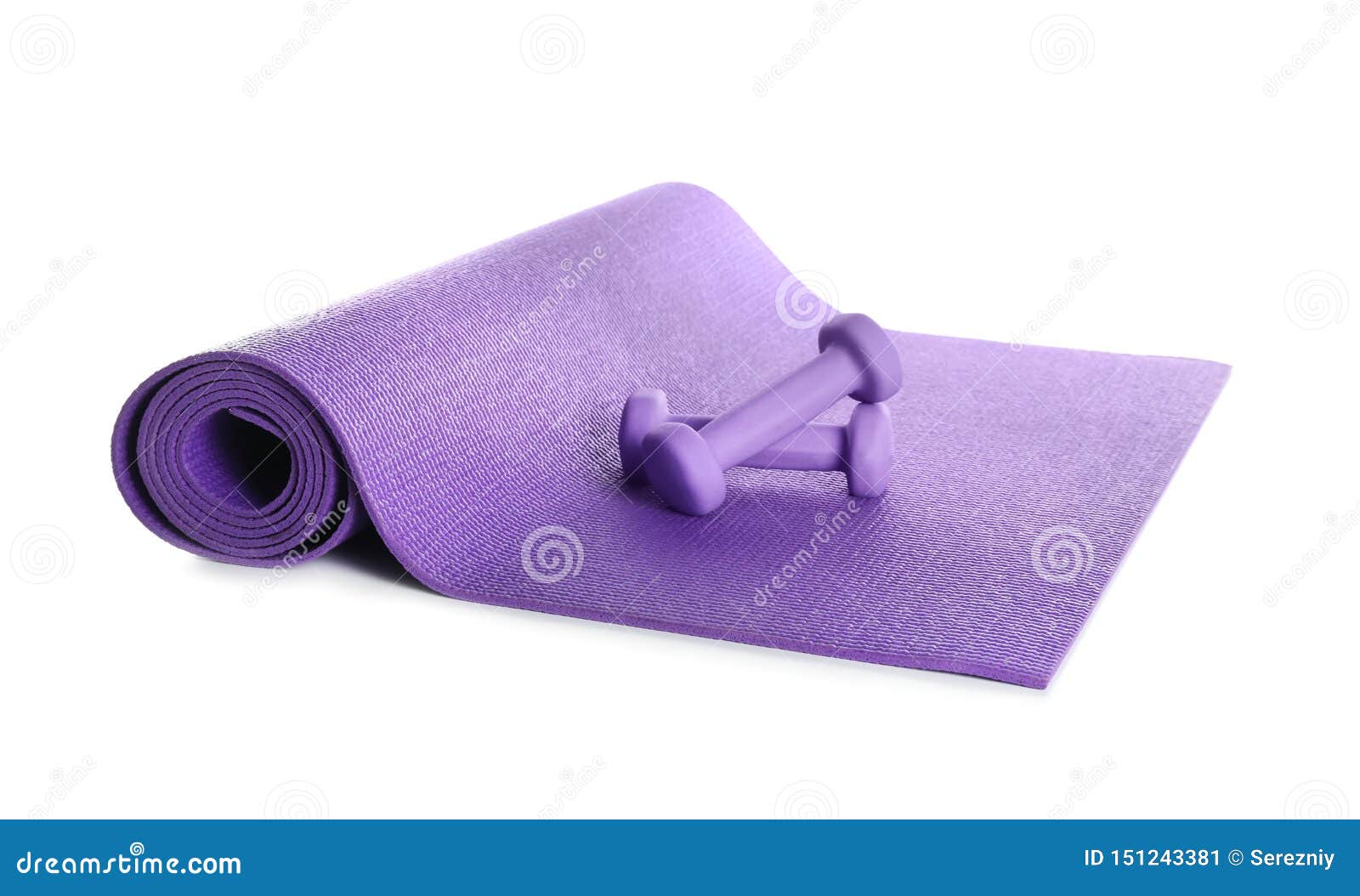 Color Yoga Mat with Dumbbells on White Background Stock Image - Image ...