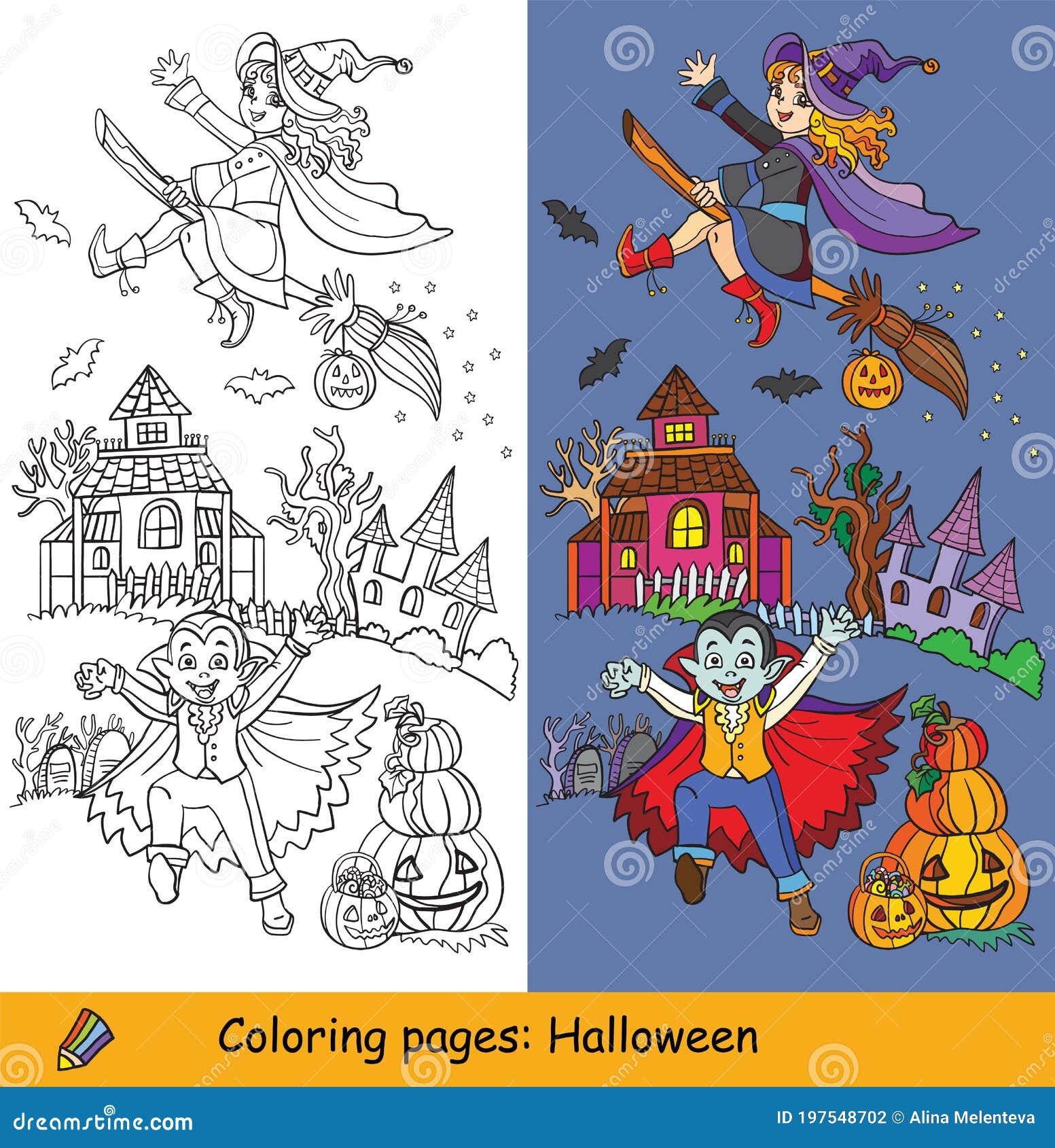 Conjunto de animais vetores em trajes de Halloween. Desenho para colorir  para crianças pré-escolares. Bonitos