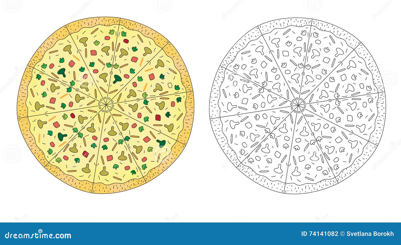 Colore di disegno della pizza e linea schizzo in bianco e nero della pizza disegno della mano di stile Illustrazione di vettore