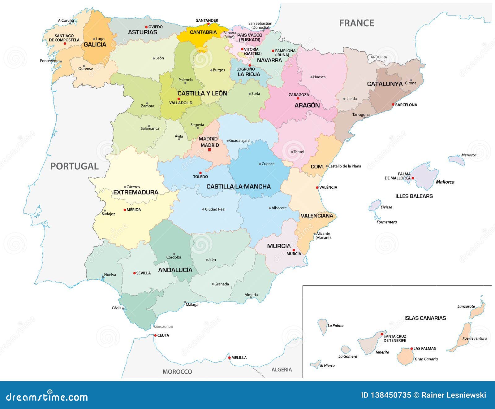colored administrative and political  map of the spanish provinces and regions