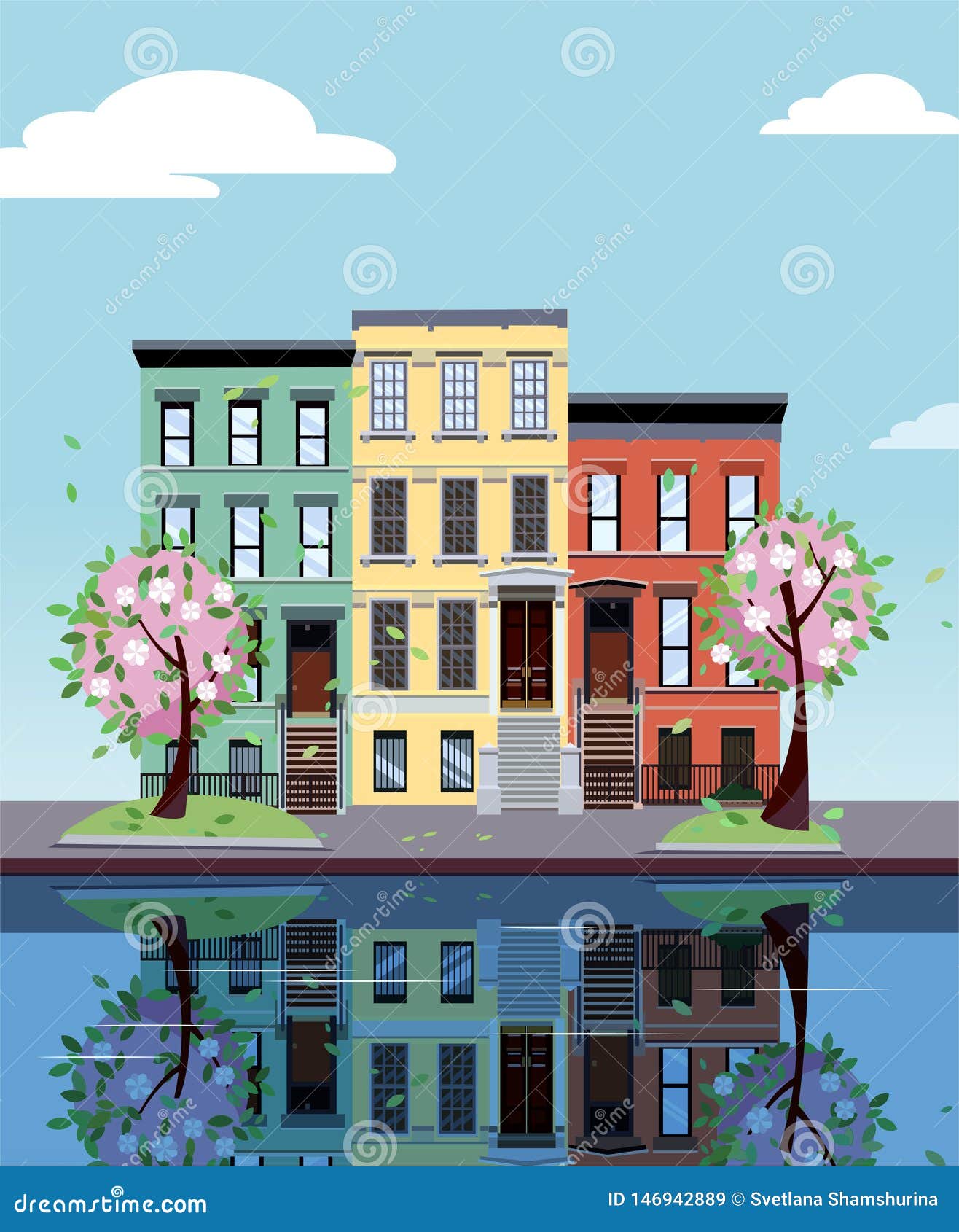 Colored Apartment Buildings on Lake. Facades of Buildings are Reflected in  Mirror Surface of Water Stock Illustration - Illustration of fair, front:  146942889