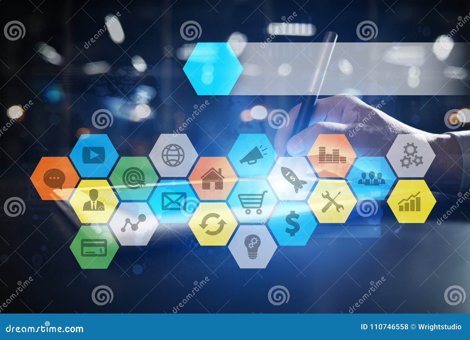 colored applications icons and graphs on virtual screen. business, internet and technology concept.