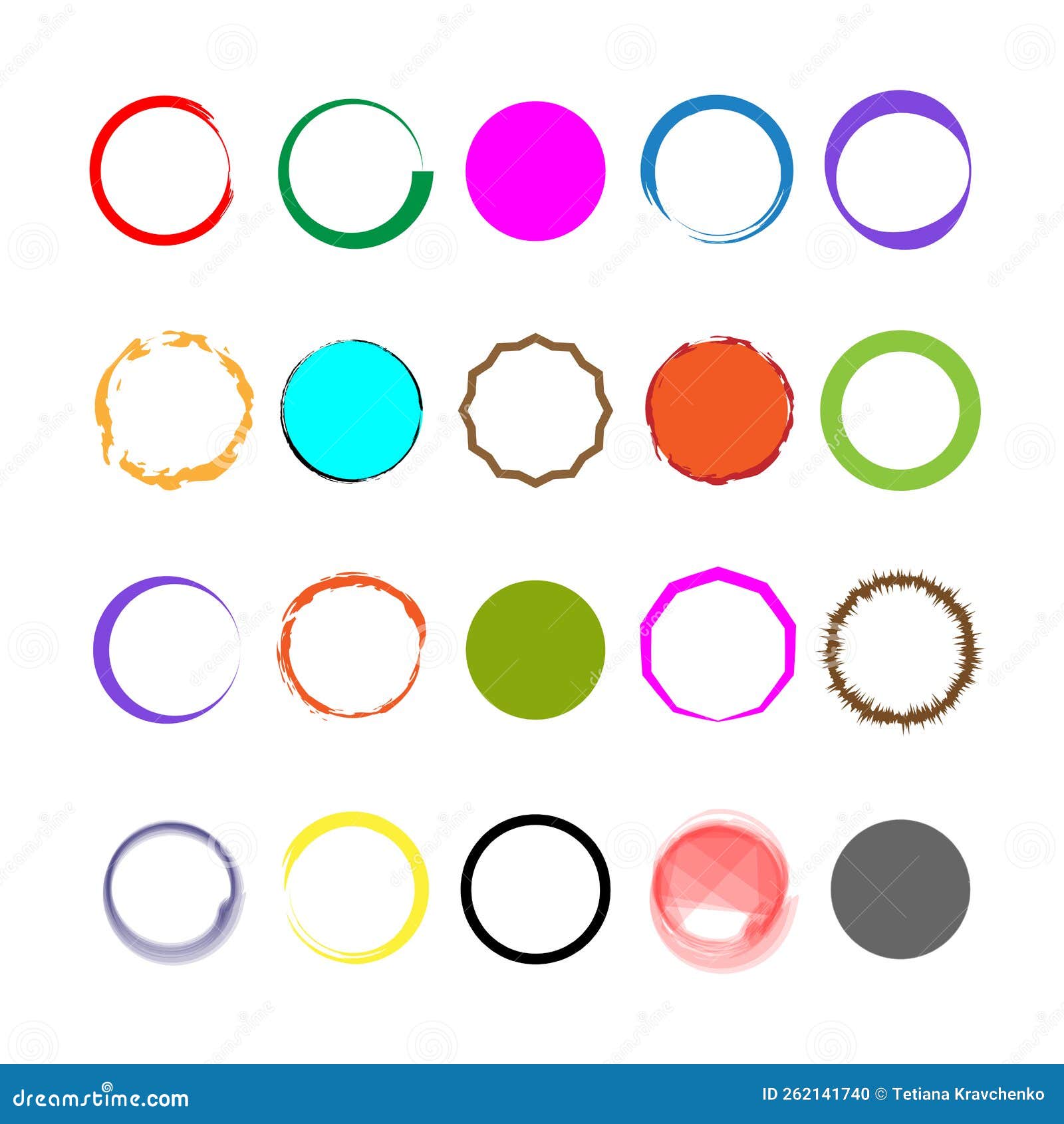 Colored Brush Circles Set. Round Shape. Vector Illustration. Stock
