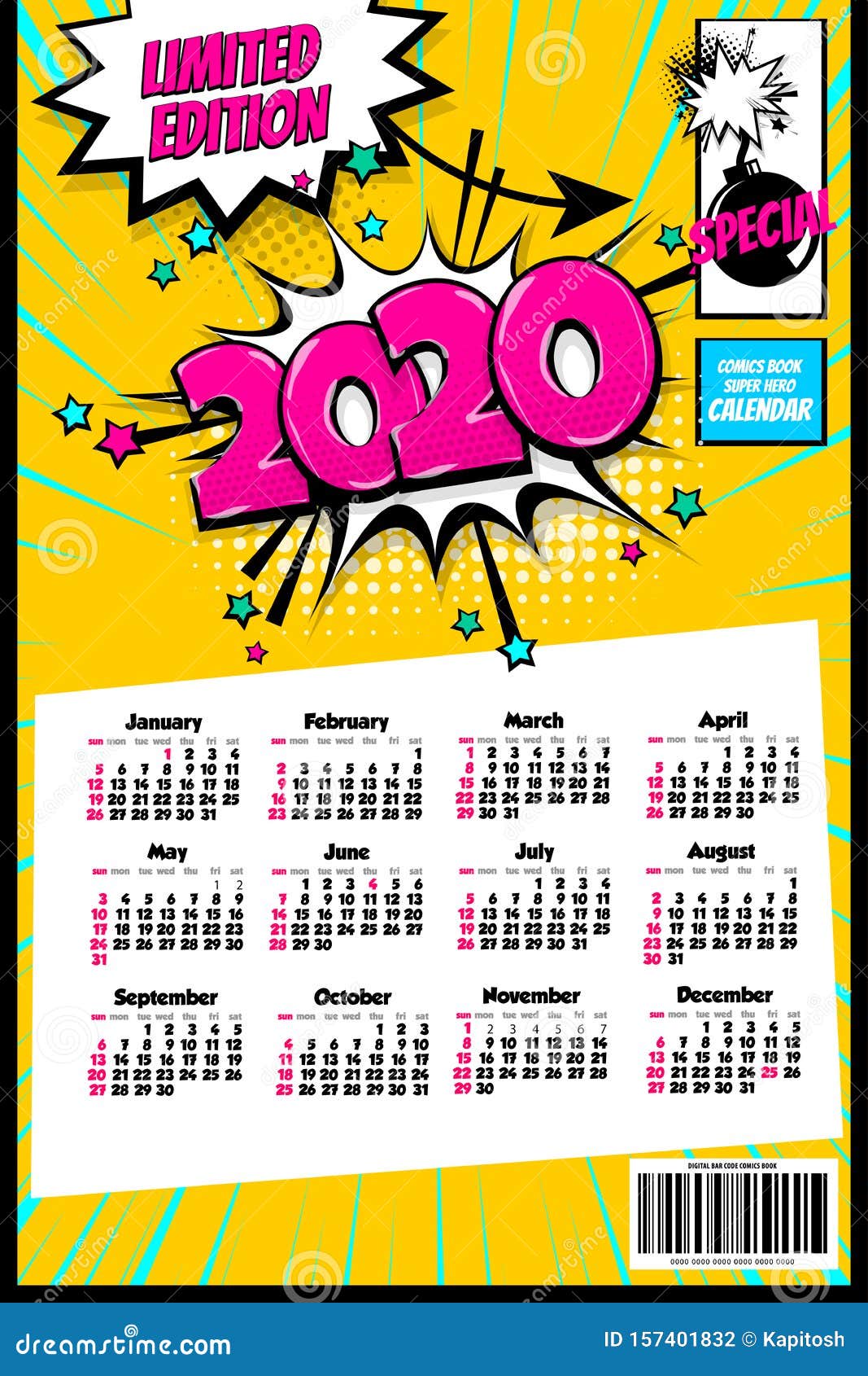 2020 Colored Calendar Pop Art Vector Style Stock Vector Illustration