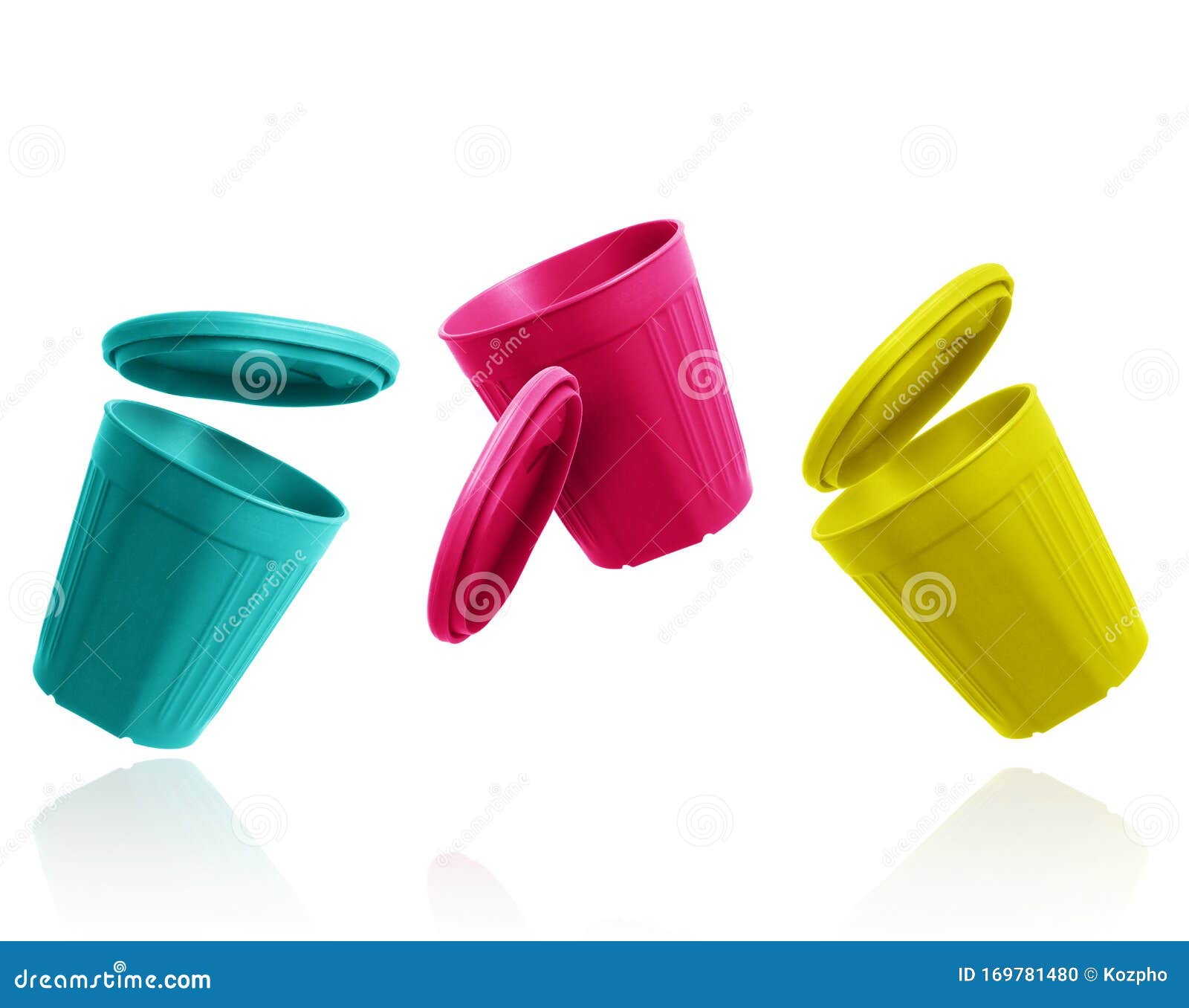 Colored Camping Plastic Cups with Caps Isolated on White Background