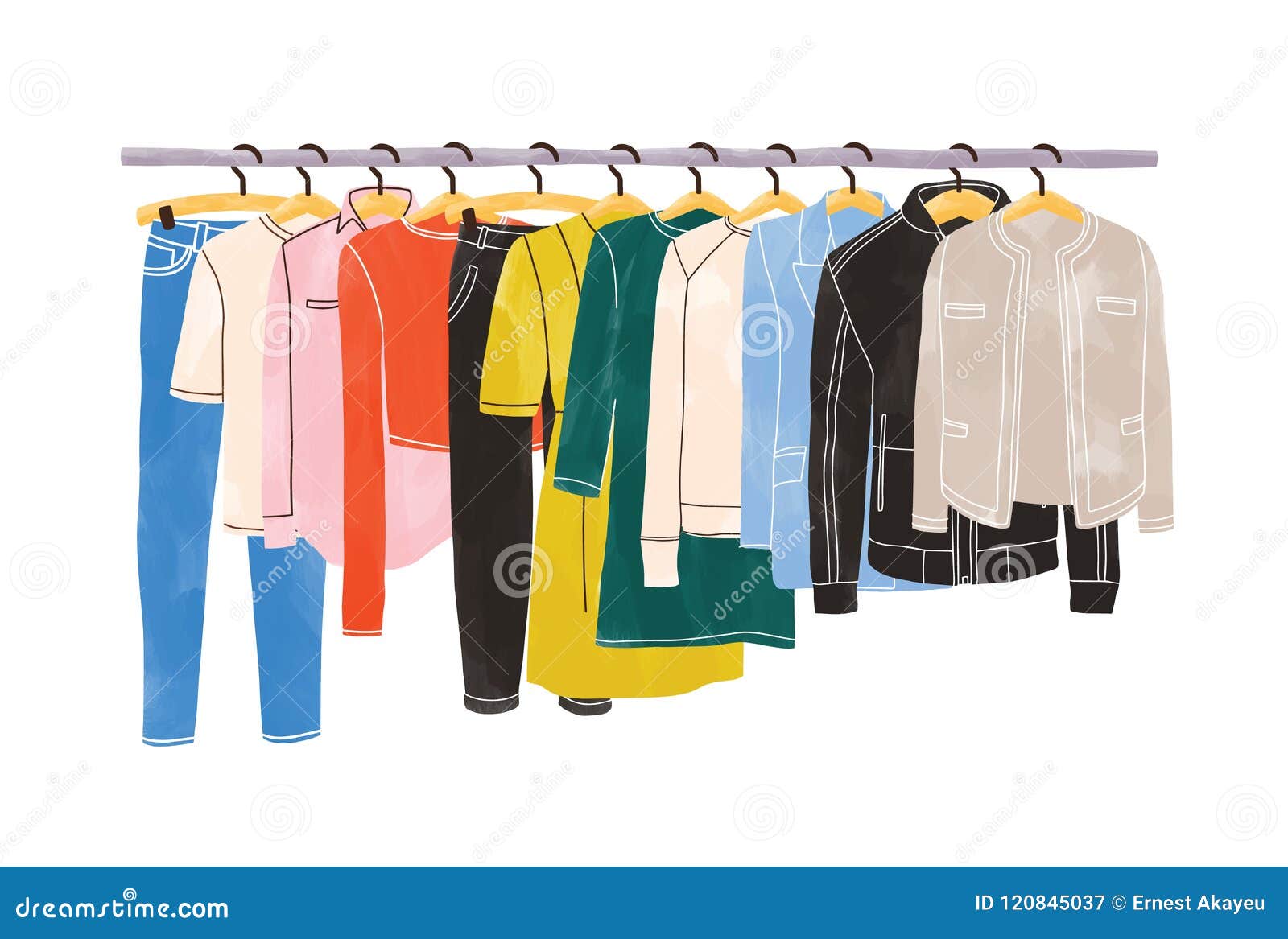 colored clothes or apparel hanging on hangers on garment rack or rail  on white background. clothing