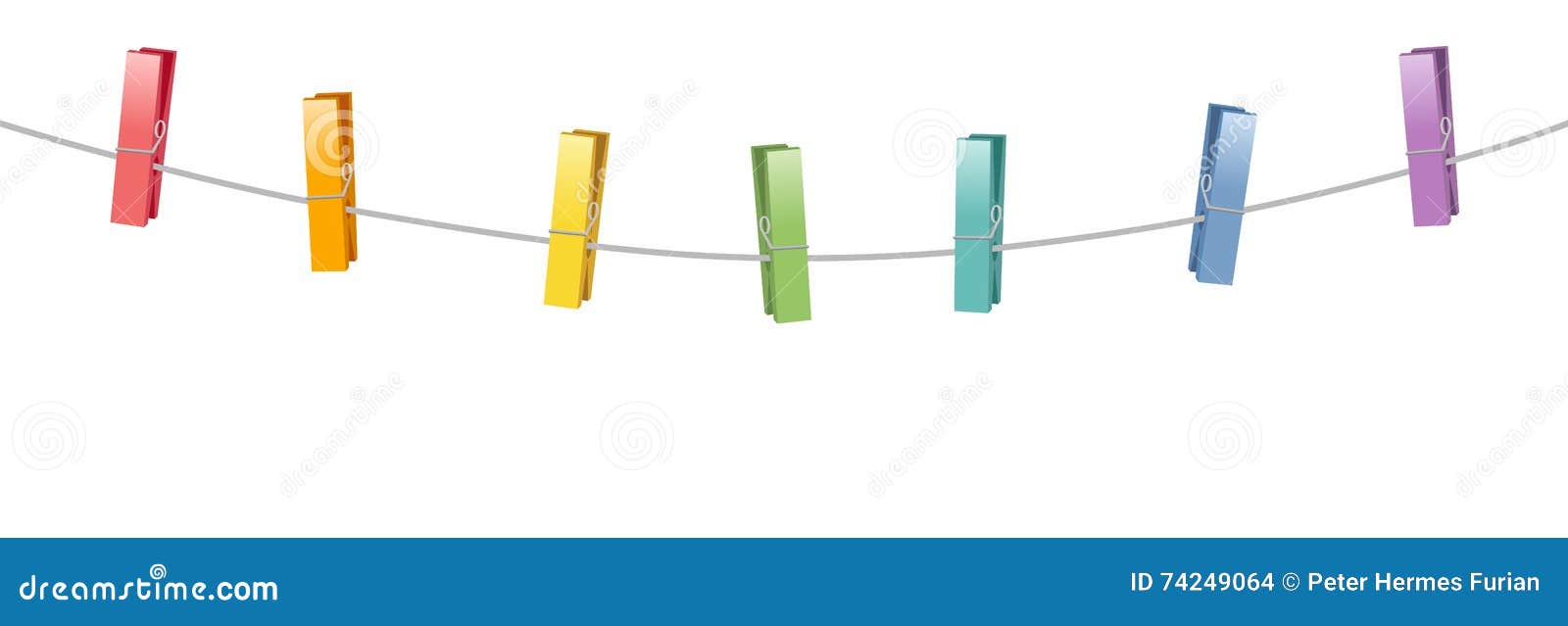 Six Clothes Pins Wooden Pegs Clothes Line Rope Cartoon Vector