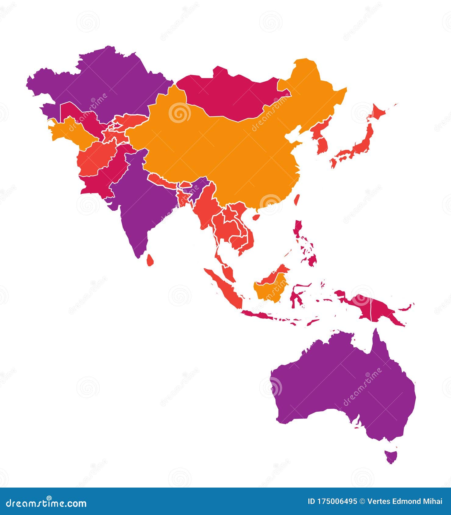 colored detailed  map of asia pacific region