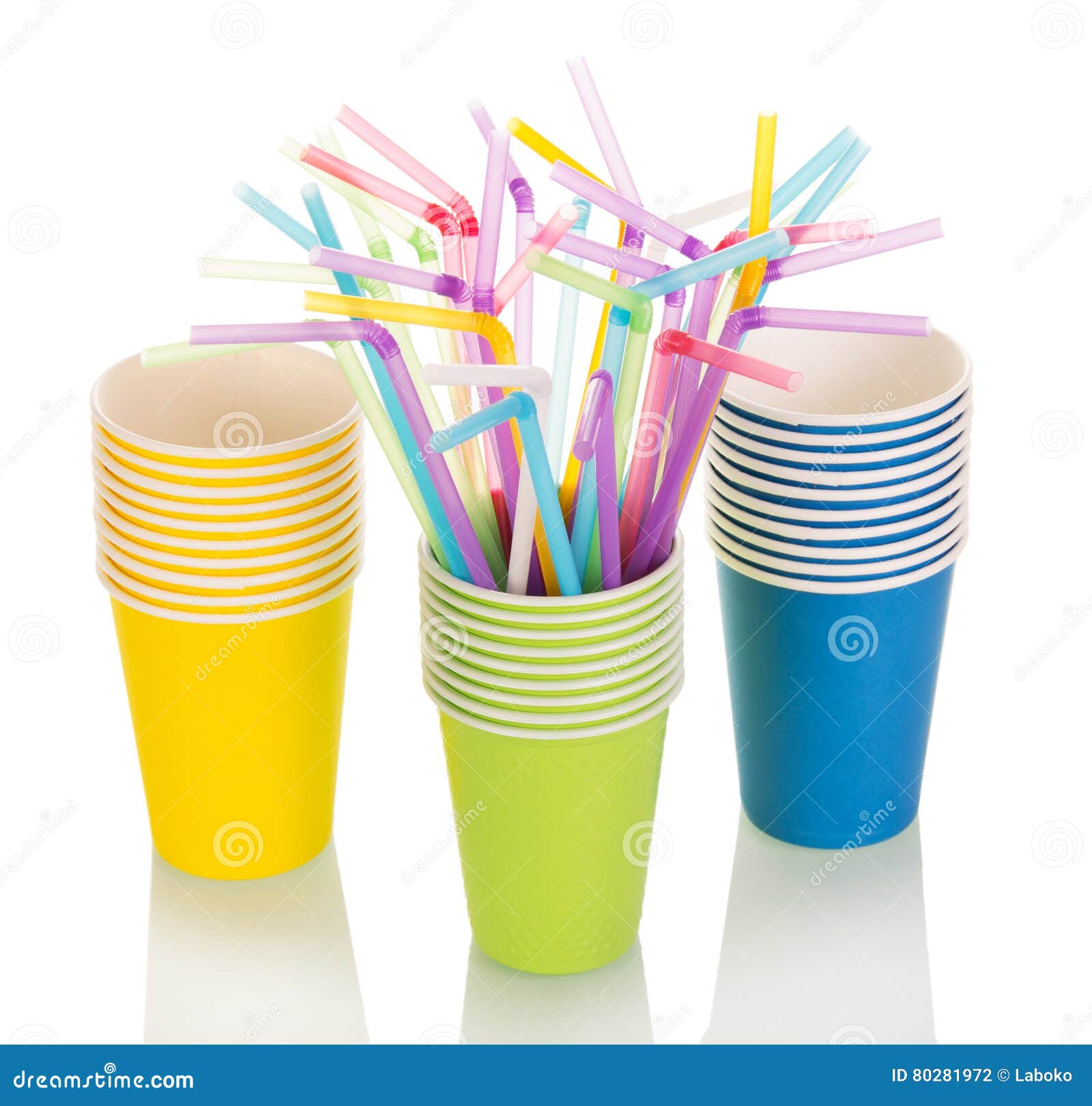 Colored Disposable Paper Cups and Straws Isolated on White. Stock Photo