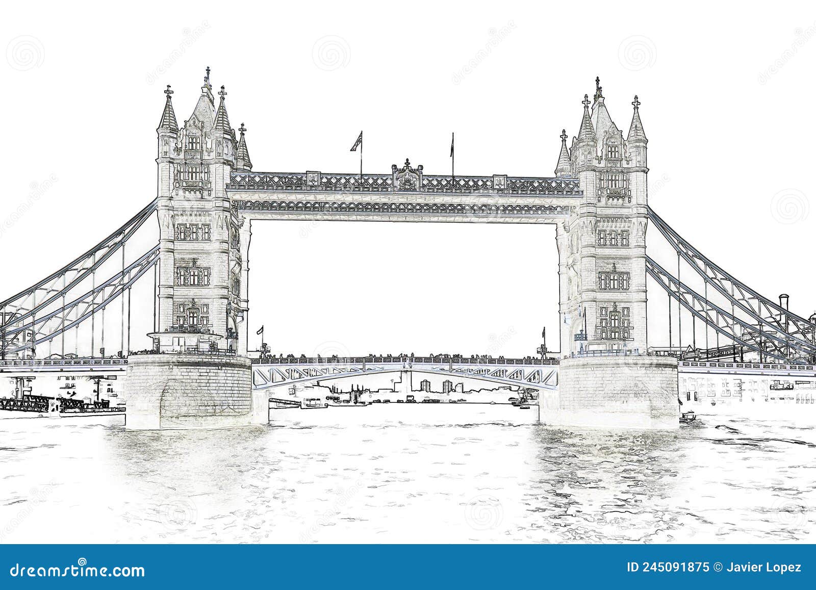 colored drawing of the tower bridge. front view