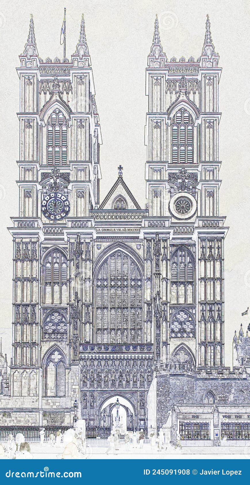 colored drawing of the westminster abbey. front view