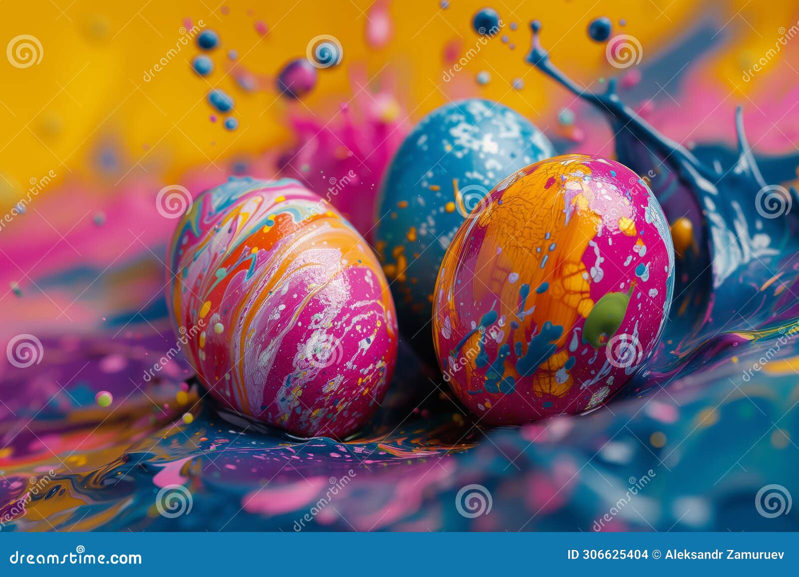 colored easter eggs splashed with bright paint explosion. creative concept. easter card