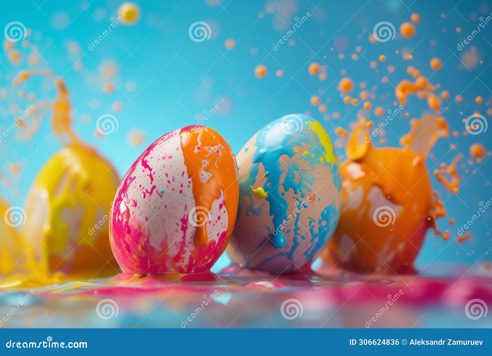 colored easter eggs splashed with bright paint explosion. creative concept. easter card