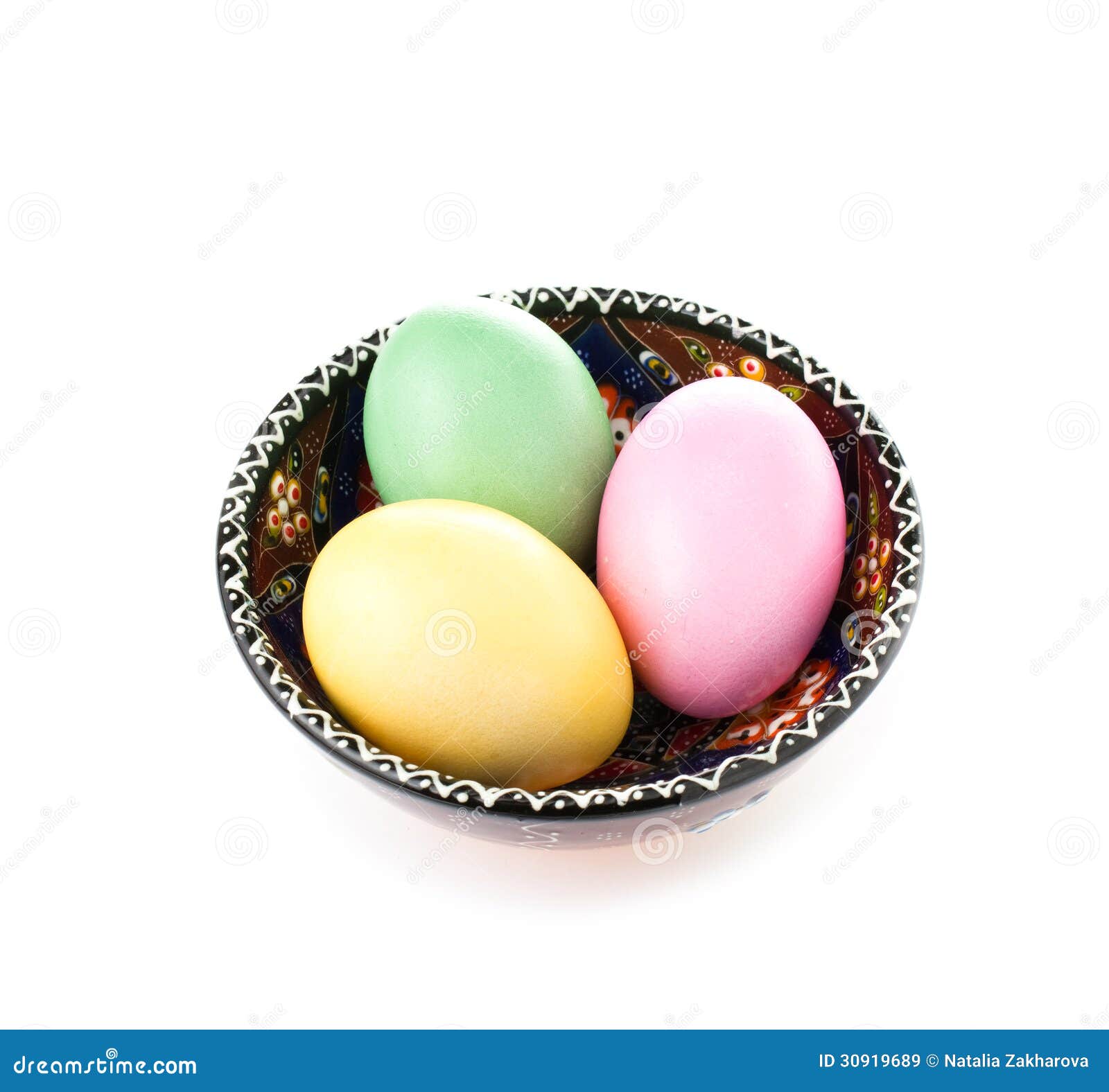 Colored Eggs in Painted Bowl Stock Image - Image of decoration, gold ...