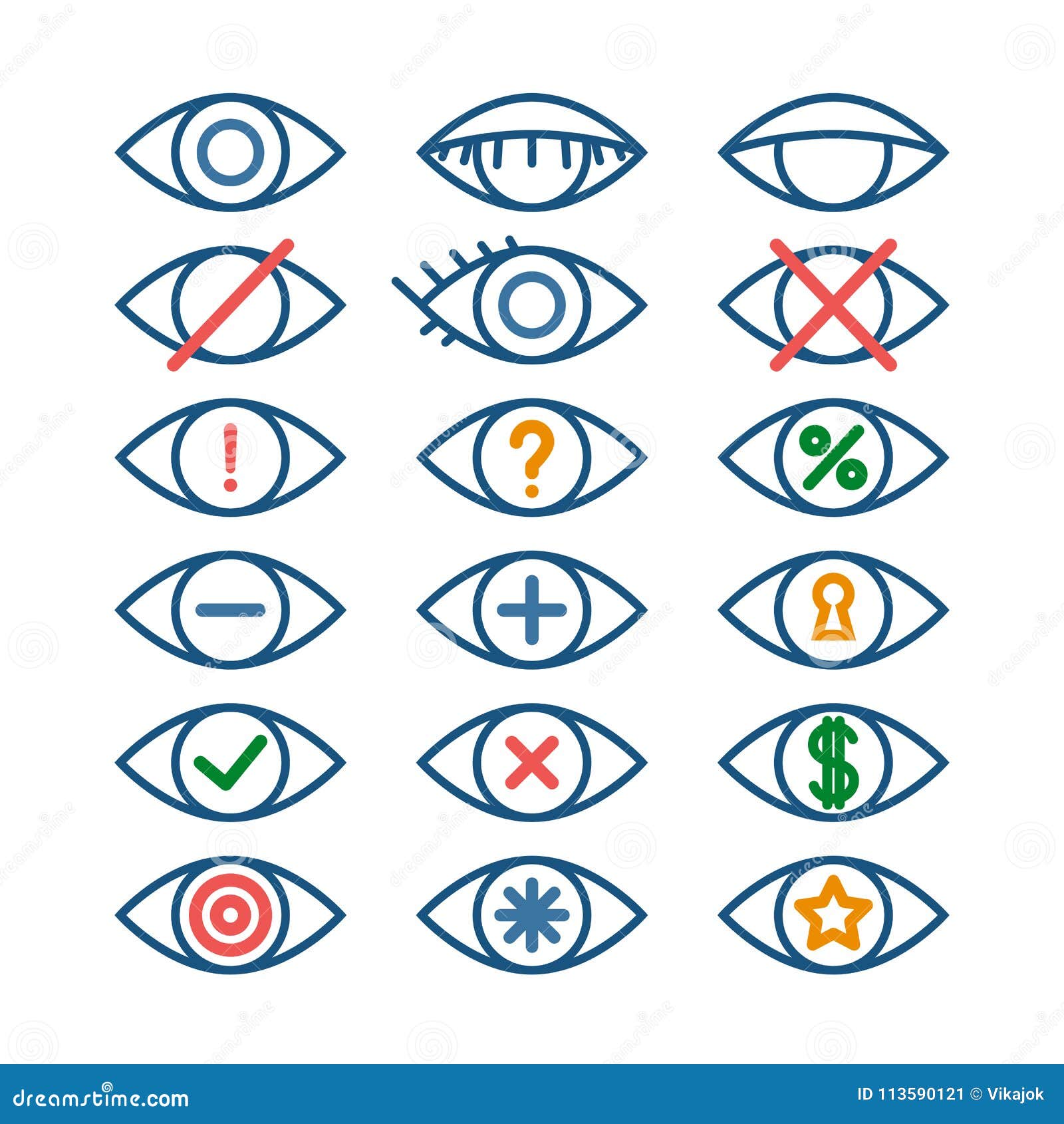 Colored Eye Icons for Different Actions, Set of Outline Eye Pictograms ...