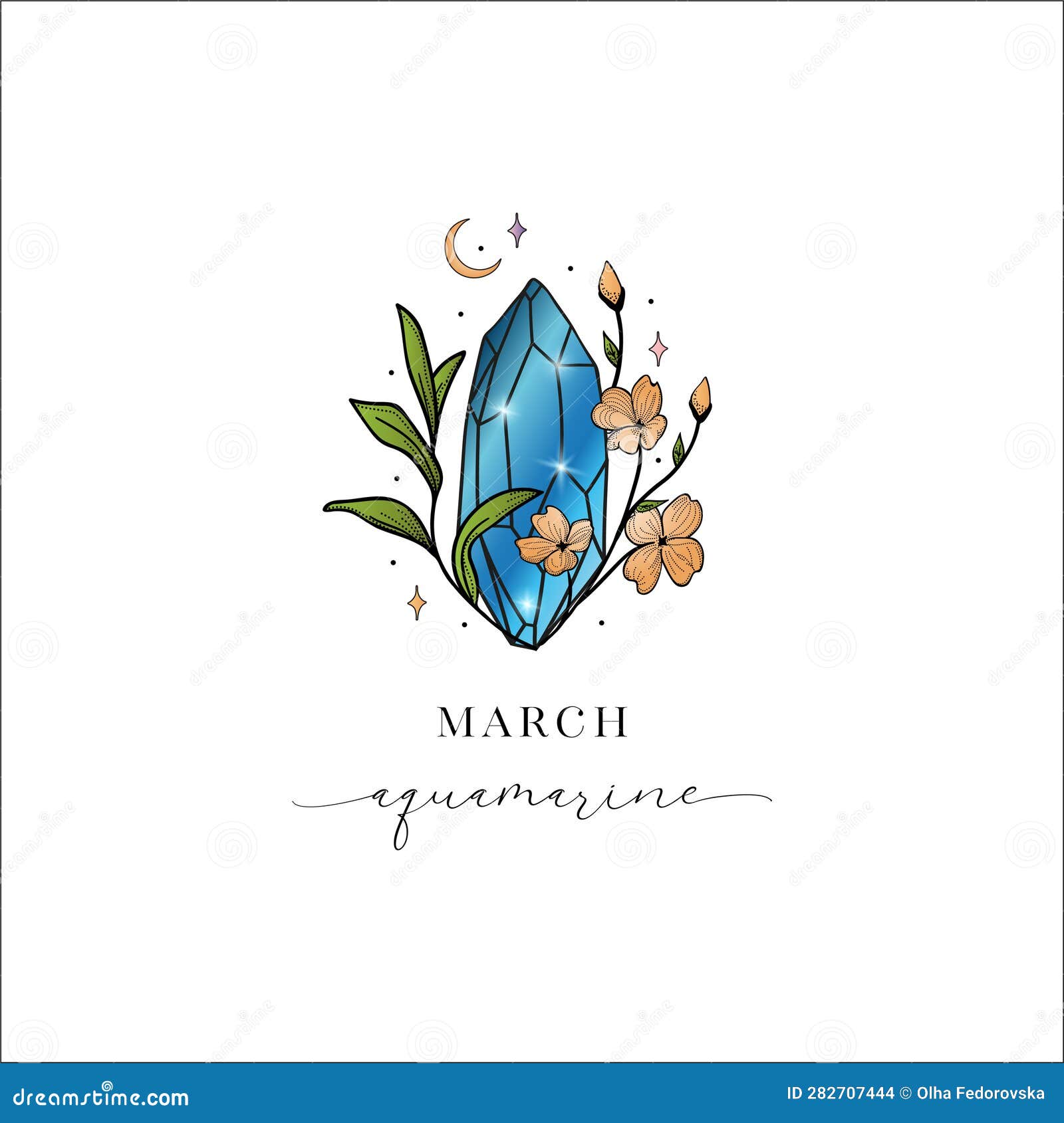 colored flowered hand painted birthstones gem . healing crystal. marchâ aquamarine.