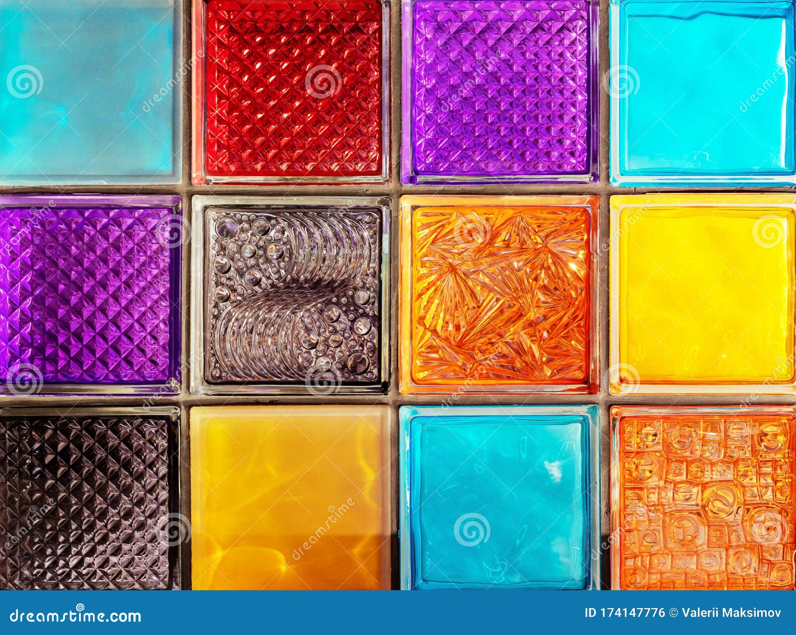 Colored Glass Blocks with Embossed Patterns. Multicolored Glass
