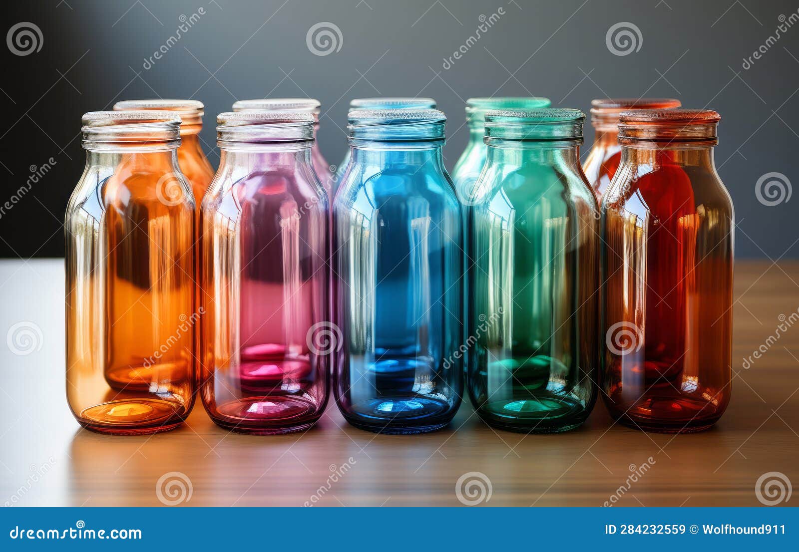 Colored Glass Jars on a White Desktop in the Style of Colorful