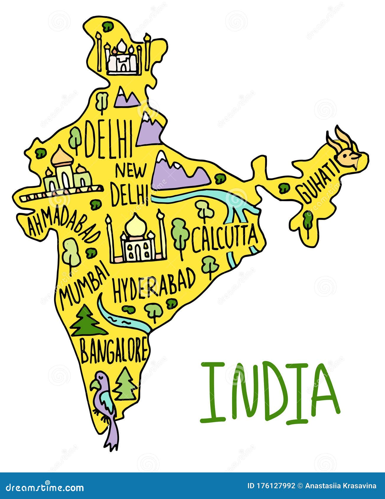 Colored Hand Drawn Doodle India Map. India City Names Lettering and Cartoon  Landmarks, Tourist Attractions Cliparts Stock Vector - Illustration of  hinduism, bangalore: 176127992