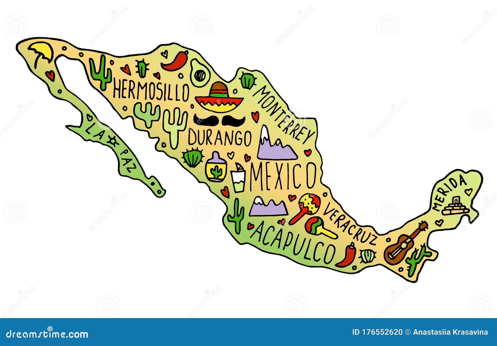 Colored Hand Drawn Doodle Mexico Map Mexican City Names Lettering And Cartoon Landmarks Stock Illustration Illustration Of Outlined National 176552620