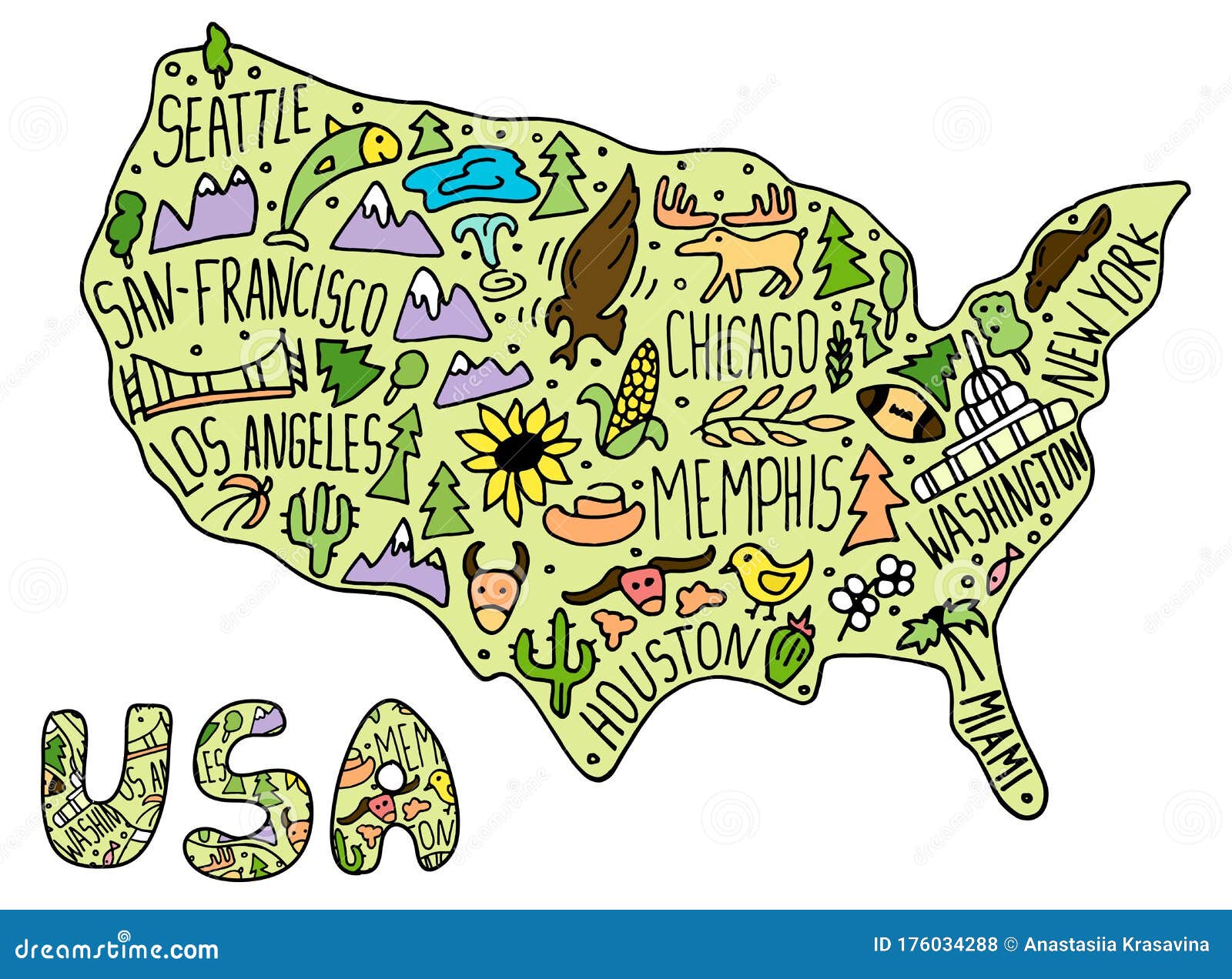 colored hand drawn doodle usa map. american city names lettering