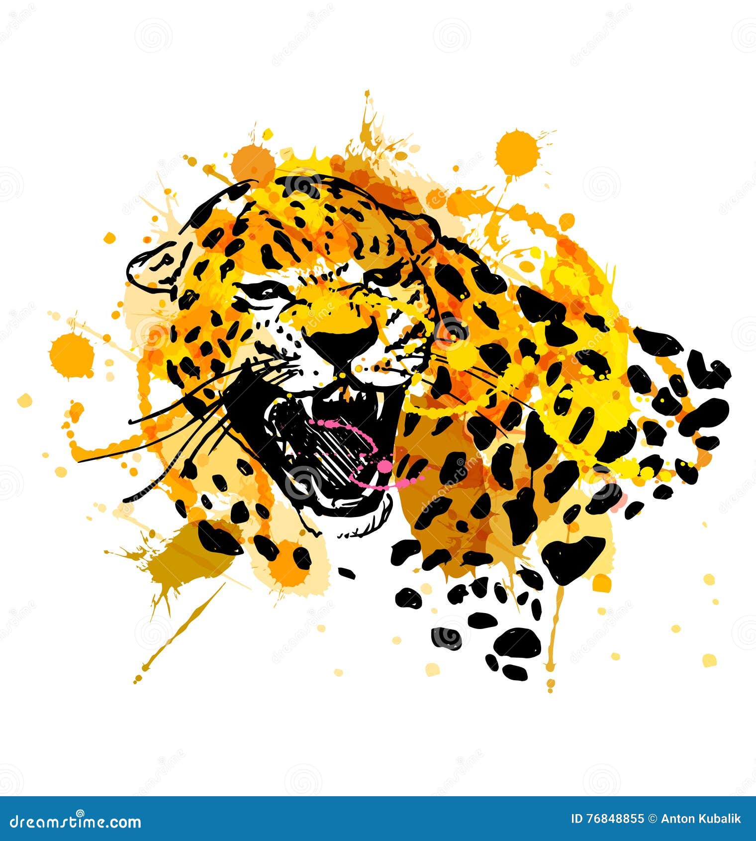 Colored Hand Sketch Head Roaring Jaguar Stock Vector - Illustration of