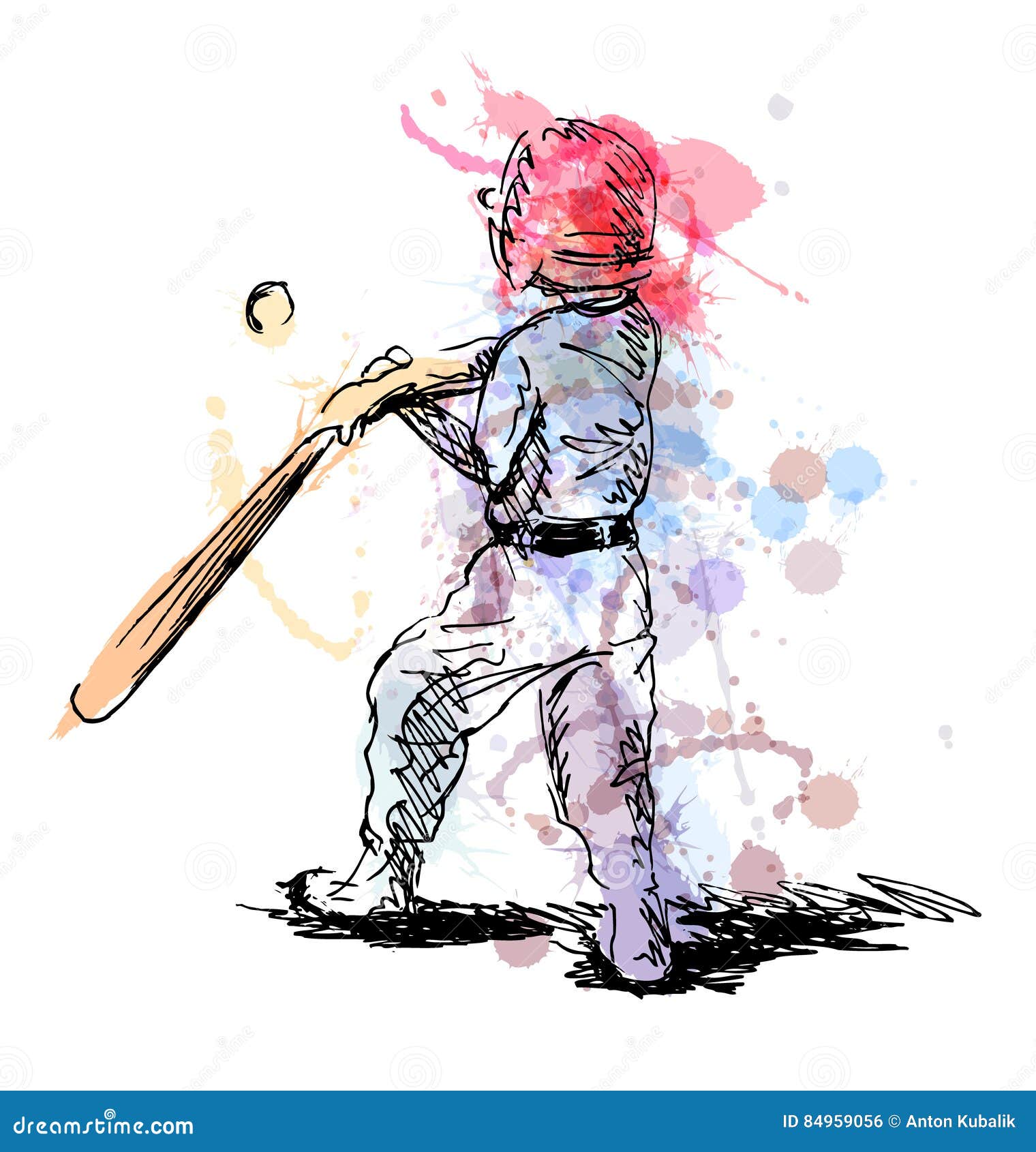 Colored Hand Sketch of a Little Boy Playing Baseball Stock Vector