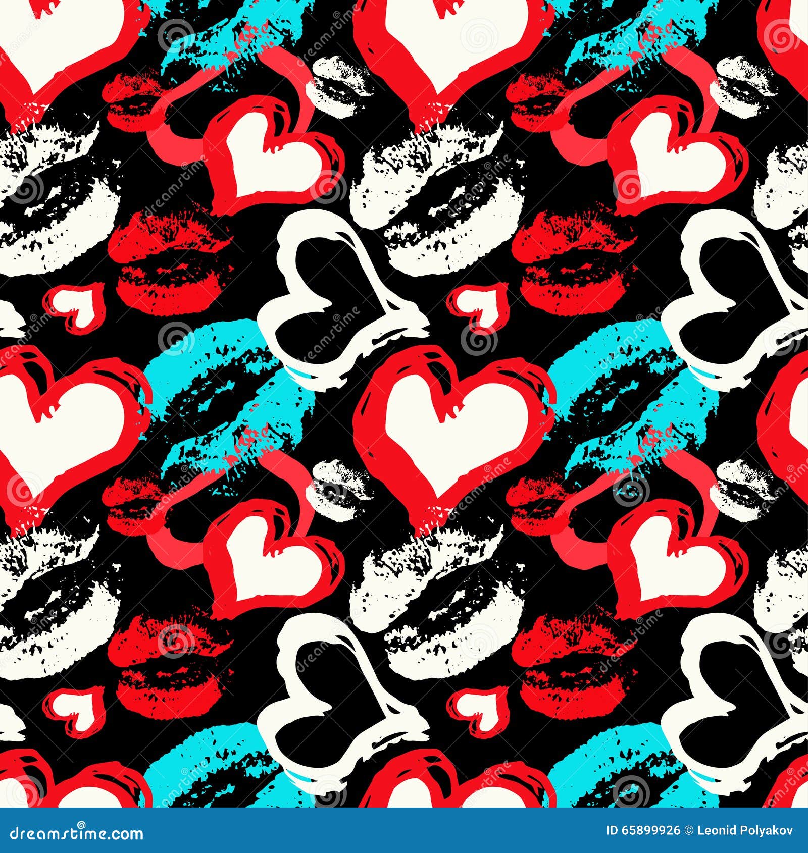 Colored Hearts And Lips On A Black Background Seamless Pattern Stock