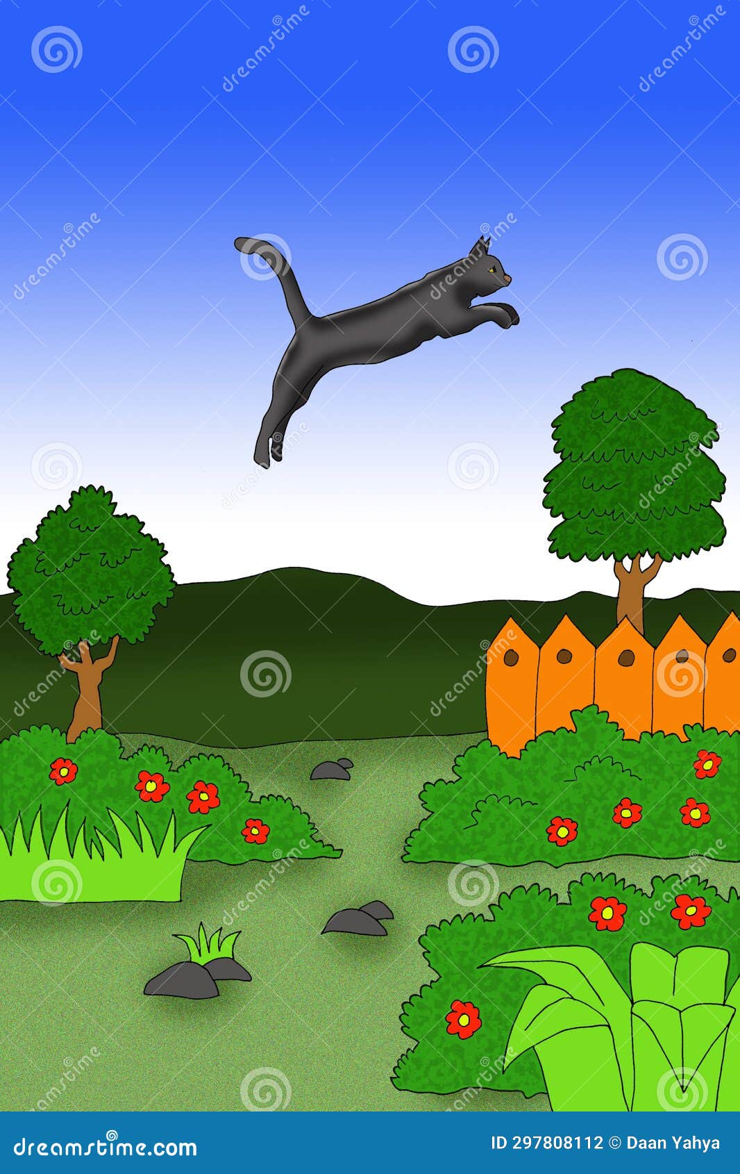  of a black cat flying over the garden with alot of flower