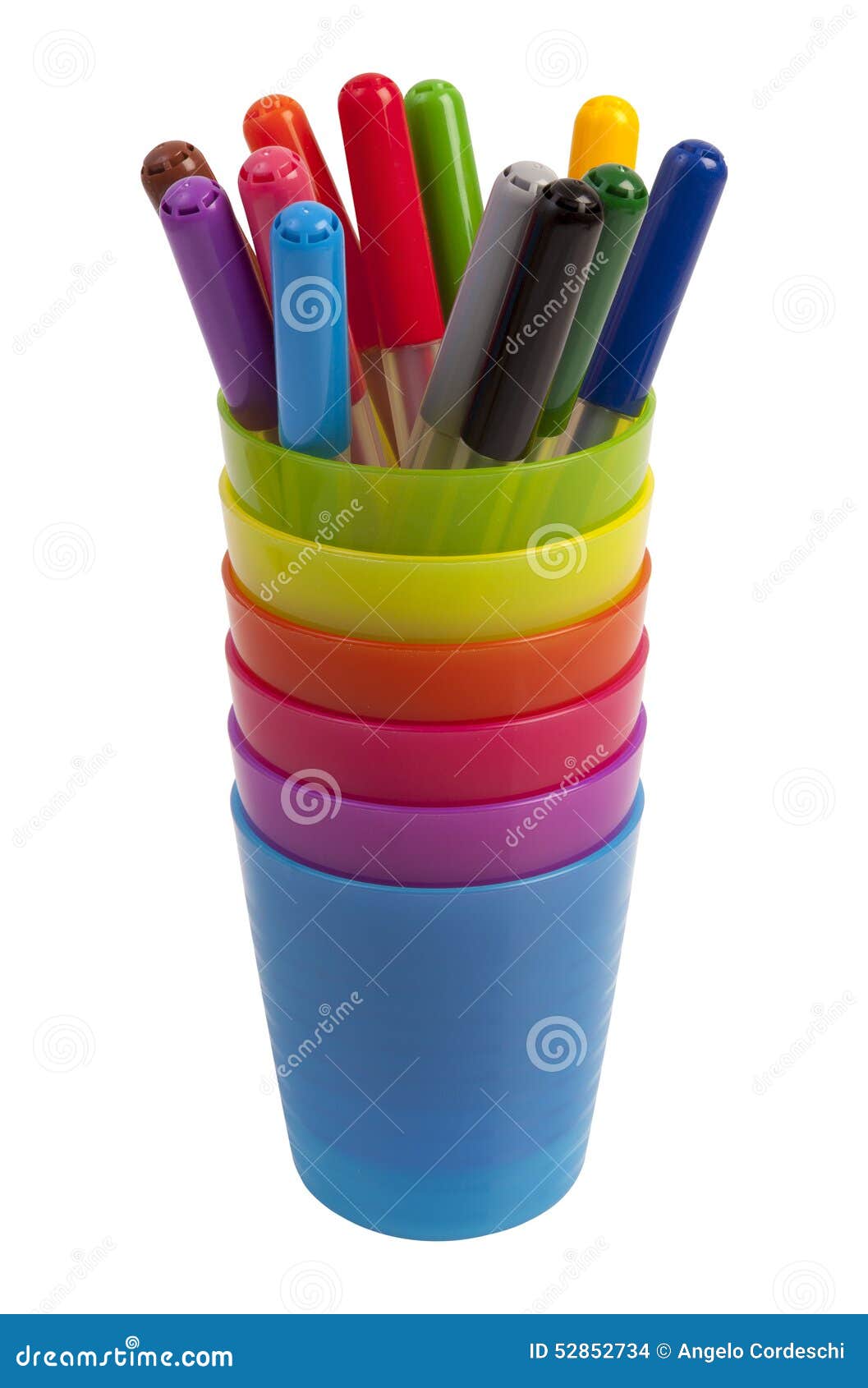 Colored Markers In A Stack Of Colored Plastic Cups Isolated On White
