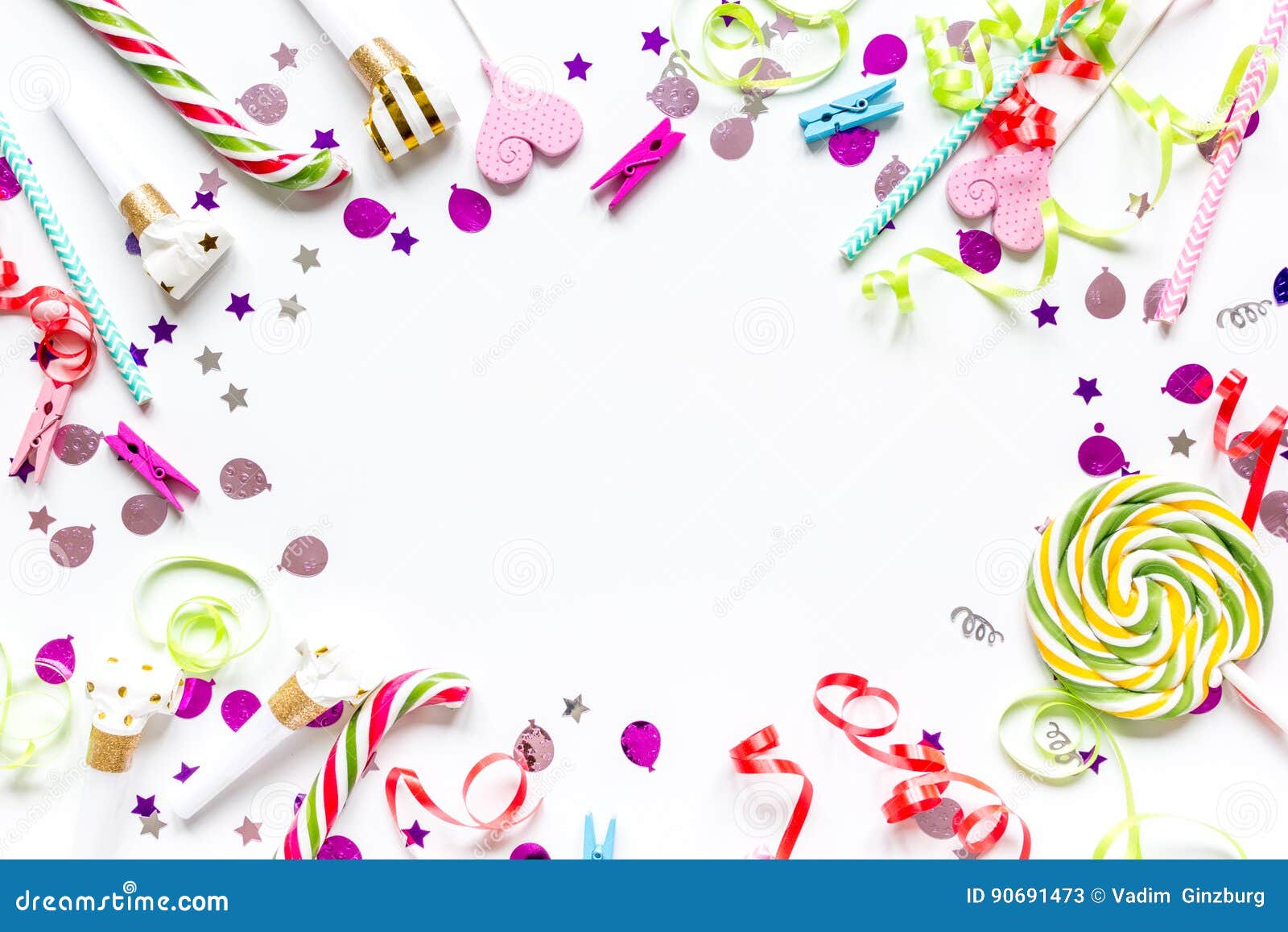 Download Colored Party Sweets And Confetti On White Background Top View Mockup Stock Image Image Of Frame Collection 90691473