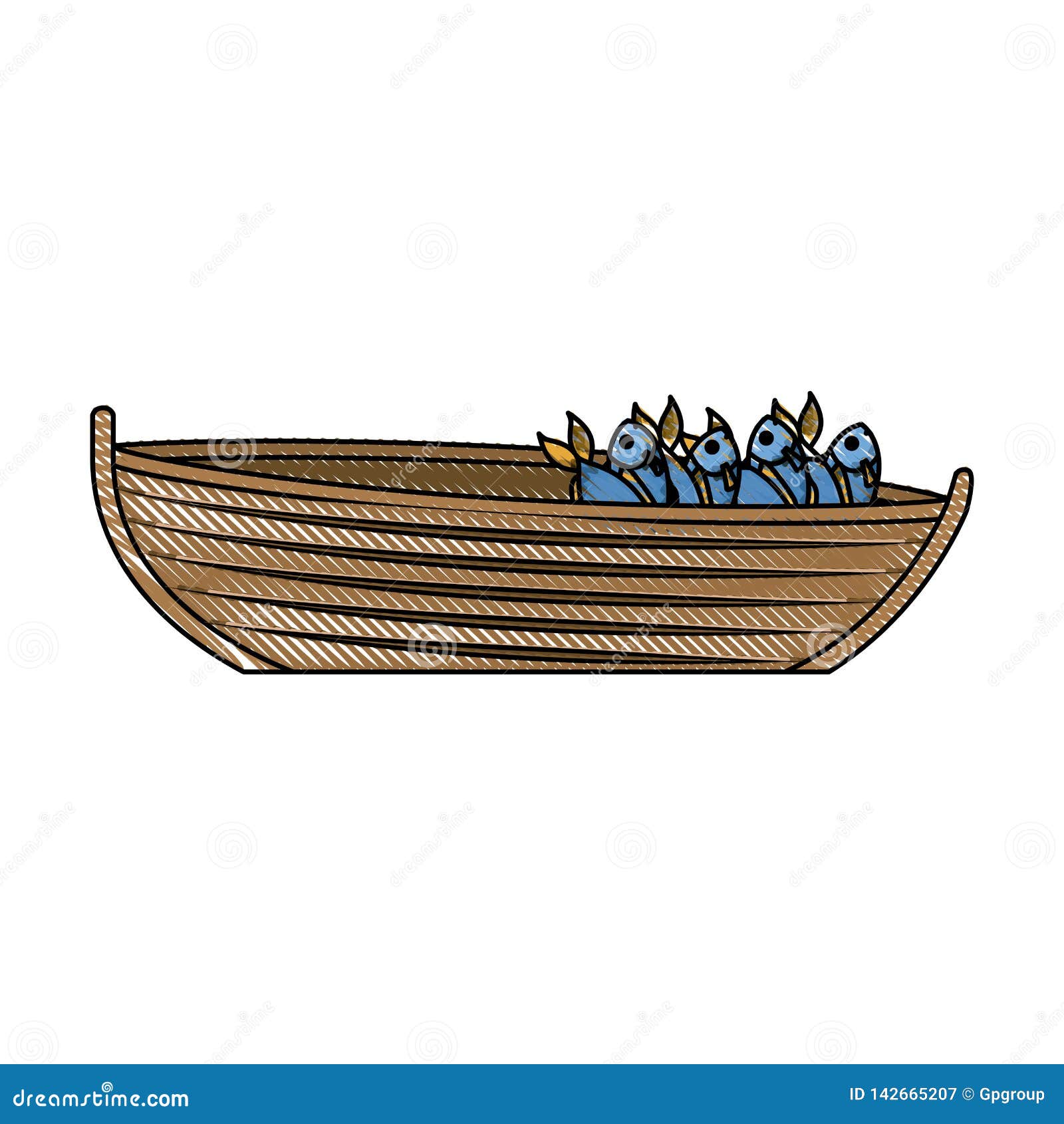 Colored Pencil Silhouette of Wooden Fishing Boat Full of Fish