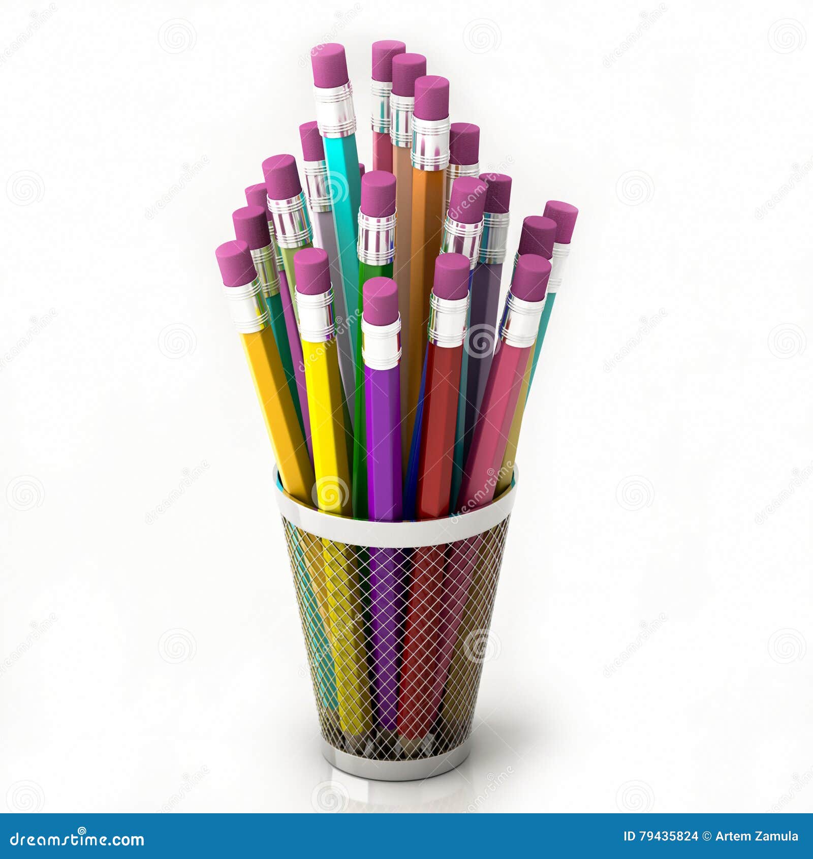 Colored Pencils in Basket Isolated on White Background Stock