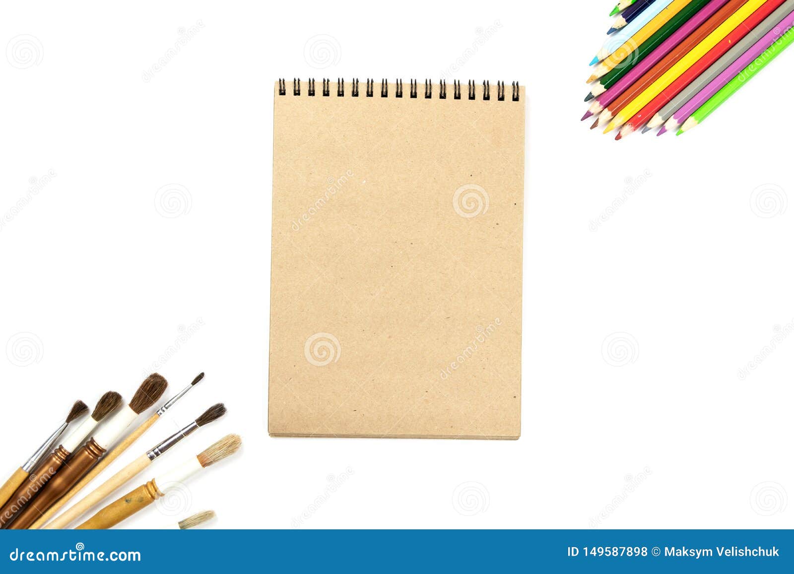 Download Colored Pencils, Brushes, Notebook Mock Up For Artwork With Watercolor Paints. Stock Photo ...